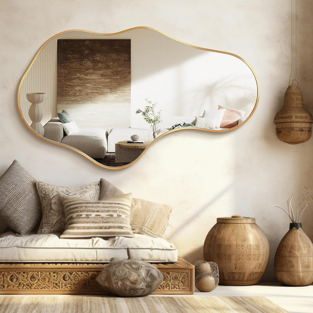 Dorlicecass 22"×36" Gold Aluminum Framed Irregular Asymmetrical Decor Wall Mirror for Bathroom Bedroom Entryway