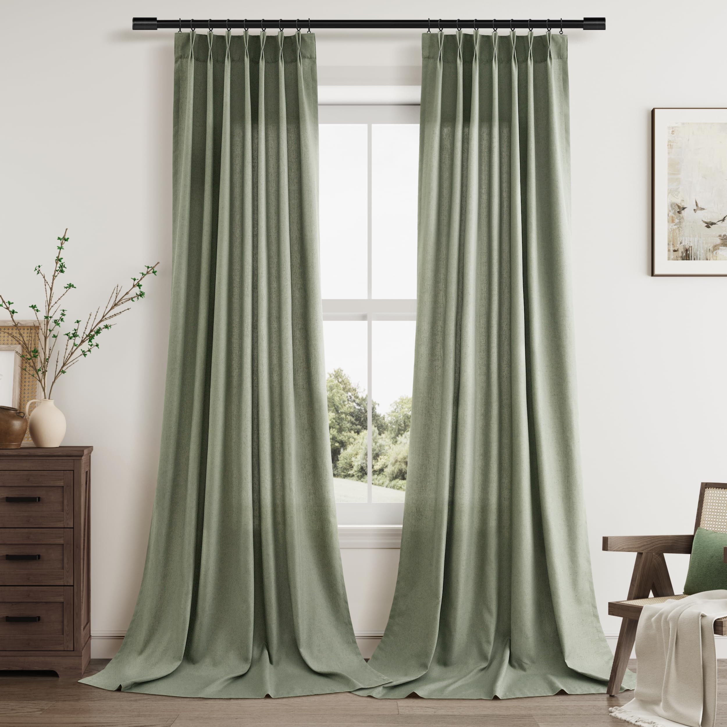 Extra Long Linen Curtains 108 Inch for Living Room Cream Pinch Pleated 9 FT Drapes Semi Sheer Ceiling to Floor Curtain for Bedroom Back Tab Flax Neutral Boho Decor Window, Natural Beige Ivory 2 Panels
