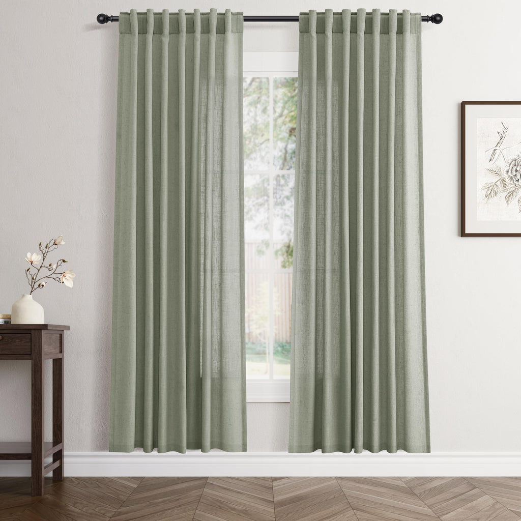 Flax Linen Beige Curtains 96 inches Long 2 Panel for Living Room Back Tab Pocket Drapes Semi Sheer Privacy Khaki Window Curtain Country Rustic Farmhouse Cloth Curtain for Dinning Room Tan