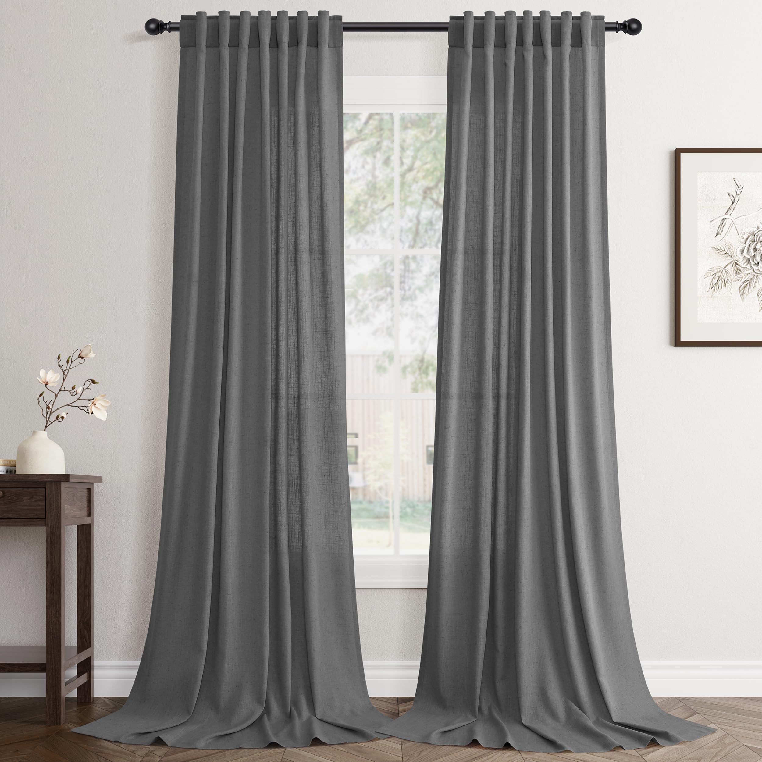 Flax Linen Beige Curtains 96 inches Long 2 Panel for Living Room Back Tab Pocket Drapes Semi Sheer Privacy Khaki Window Curtain Country Rustic Farmhouse Cloth Curtain for Dinning Room Tan