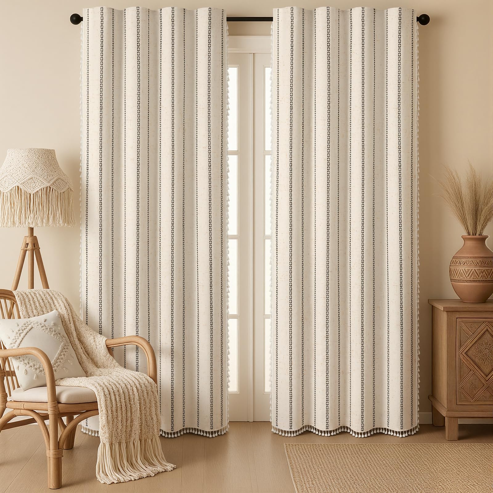 Boho Blackout Curtains 2 Panels 84 Inch for Living Room Bedroom, Beige Linen Texture Farmhouse Curtains with Tassels and Cotton Embroidery Vintage Rustic Western Rod Pocket