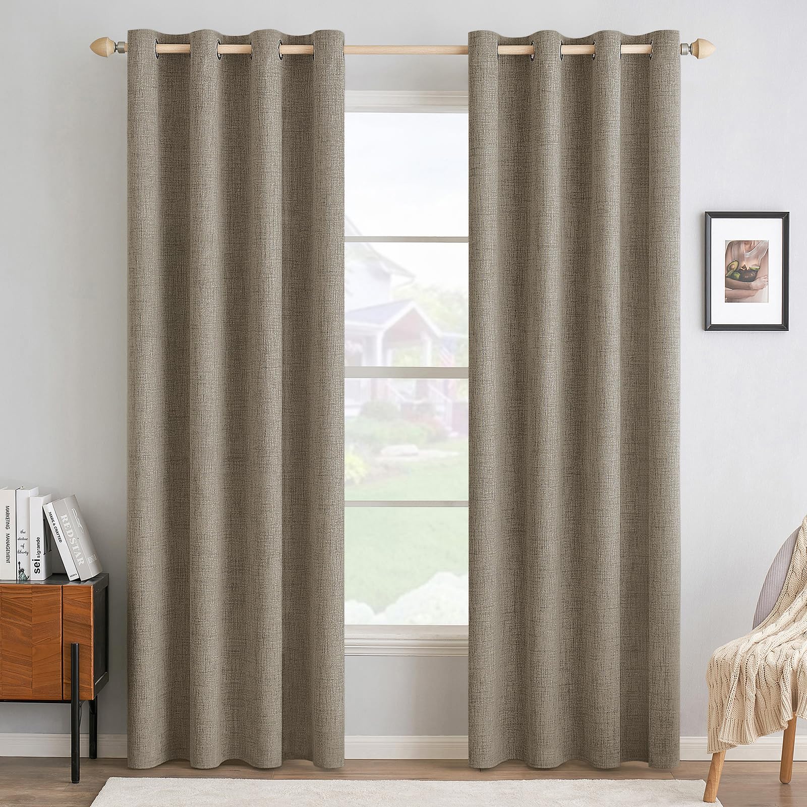 MIULEE 100% Blackout Linen Textured Curtains for Bedroom Solid Thermal Insulated Natural Beige Grommet Room Darkening Curtains & Drapes Luxury Decor for Living Room Nursery 52 x 96 Inch (2 Panels)