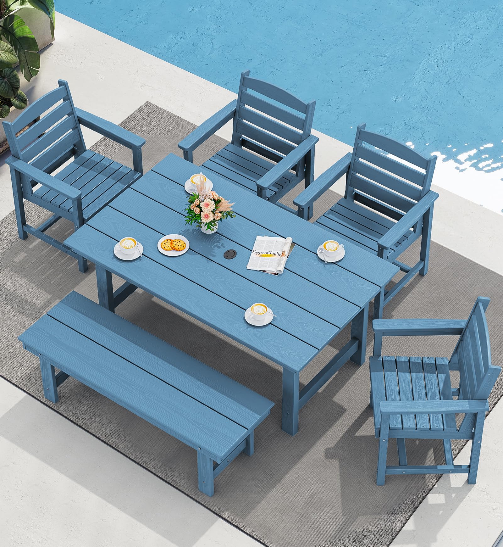 SERWALL Patio Dining Sets for 6 Person, HDPE Dining Set with 6 Armless Chairs, Black