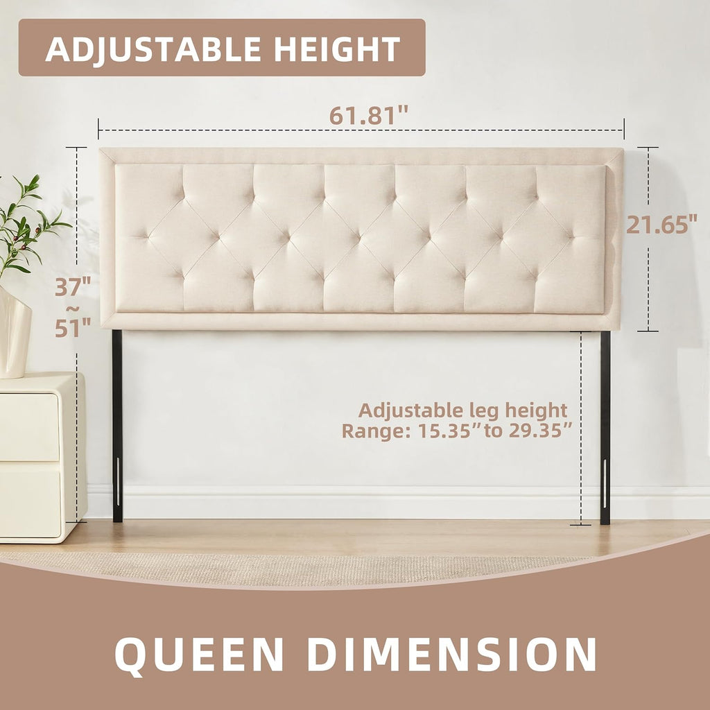 Howjoe Upholstered Queen Headboard Only, Tufted Headboard Queen Size, Solid Wood Height Adjustable Modern Head Boards with Durable Metal Legs from 37" to 51", Linen Dorm Bed Headboards Only, Beige