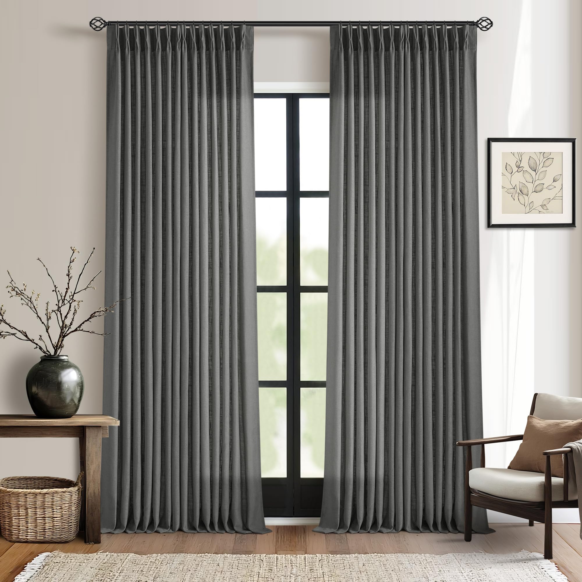 Pinch Pleated Linen Curtains 108 Inches Long for Living Room 2 Panels Set Cream Ivory Flax Double Pleated Drapes Back Tab Neutral Boho Ceiling Floor 108 Inch Window Curtains Bedroom Natural Birch