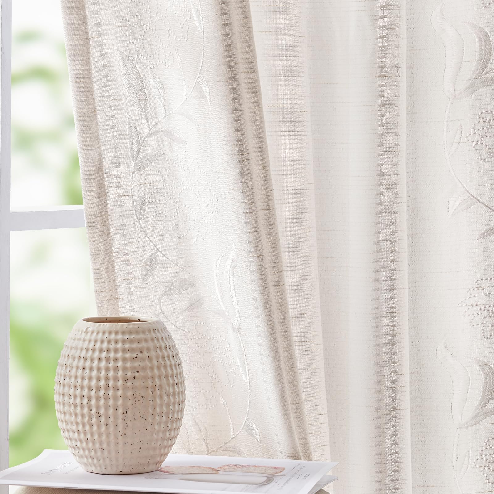 jinchan Winslow Linen Curtains for Bedroom 84 Inches Length Embroidered Bordered Floral Curtains for Living Room Farmhouse Decor Light Filtering Window Treatments Ivory on Beige Drapes 2 Panels
