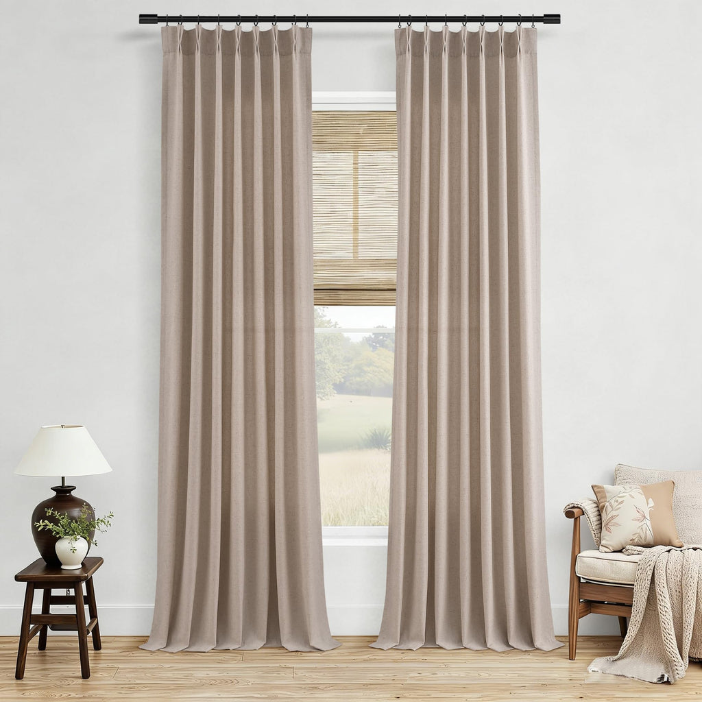 Extra Long Linen Curtains 108 Inch for Living Room Cream Pinch Pleated 9 FT Drapes Semi Sheer Ceiling to Floor Curtain for Bedroom Back Tab Flax Neutral Boho Decor Window, Natural Beige Ivory 2 Panels