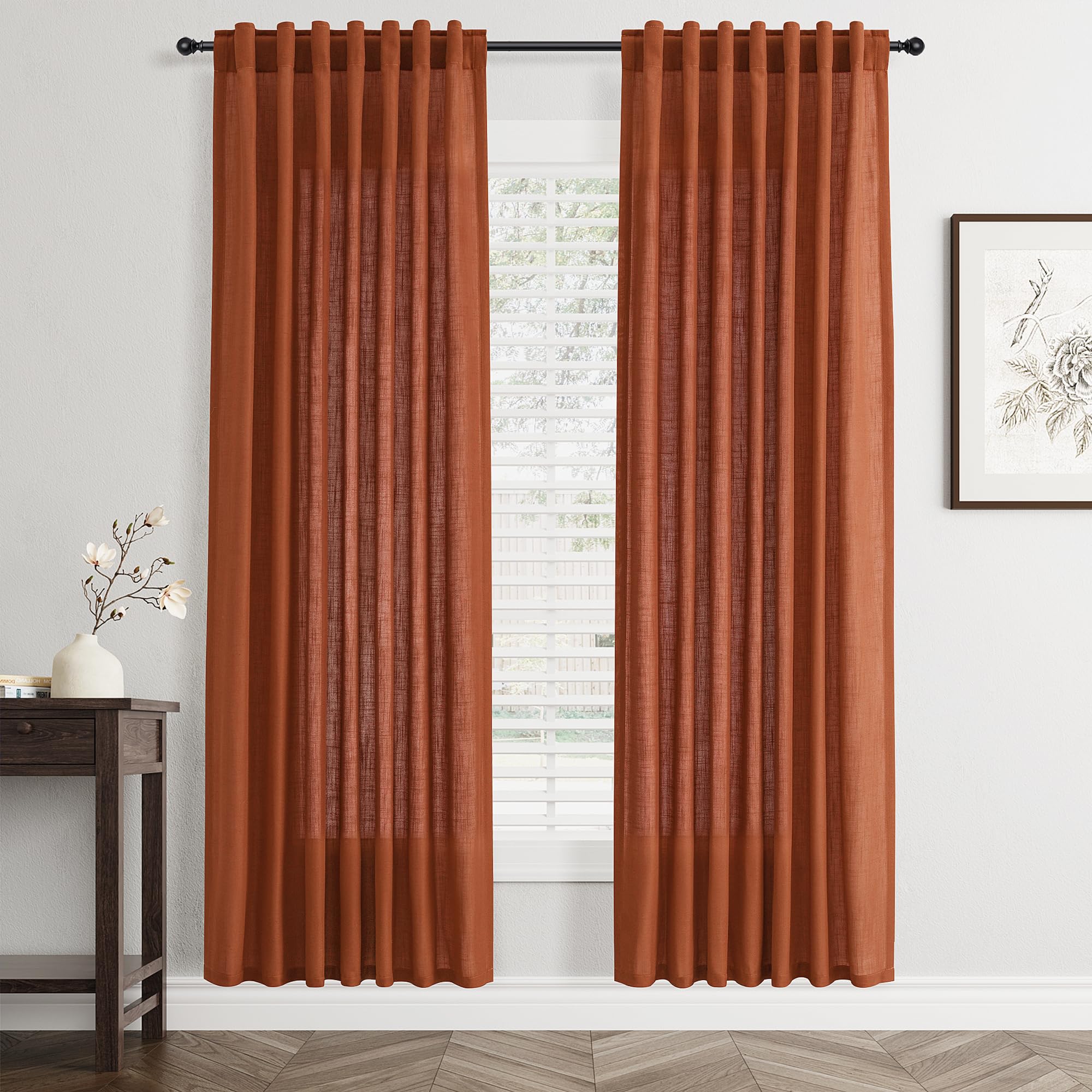 Flax Linen Beige Curtains 96 inches Long 2 Panel for Living Room Back Tab Pocket Drapes Semi Sheer Privacy Khaki Window Curtain Country Rustic Farmhouse Cloth Curtain for Dinning Room Tan