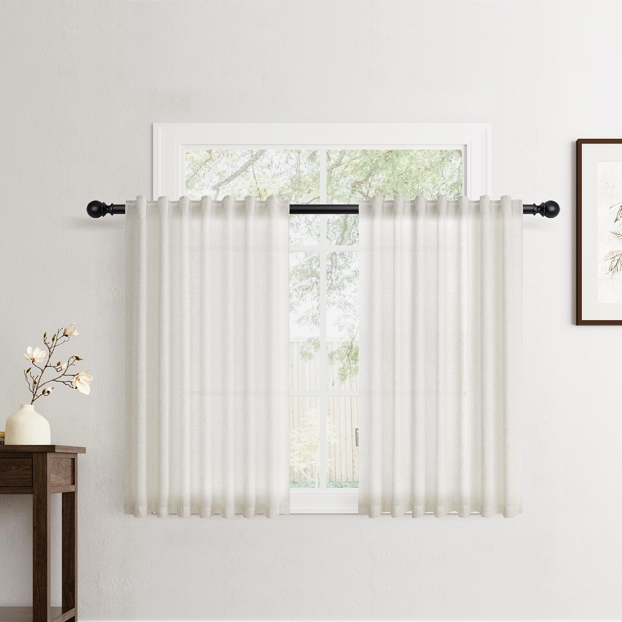 Flax Linen Beige Curtains 96 inches Long 2 Panel for Living Room Back Tab Pocket Drapes Semi Sheer Privacy Khaki Window Curtain Country Rustic Farmhouse Cloth Curtain for Dinning Room Tan