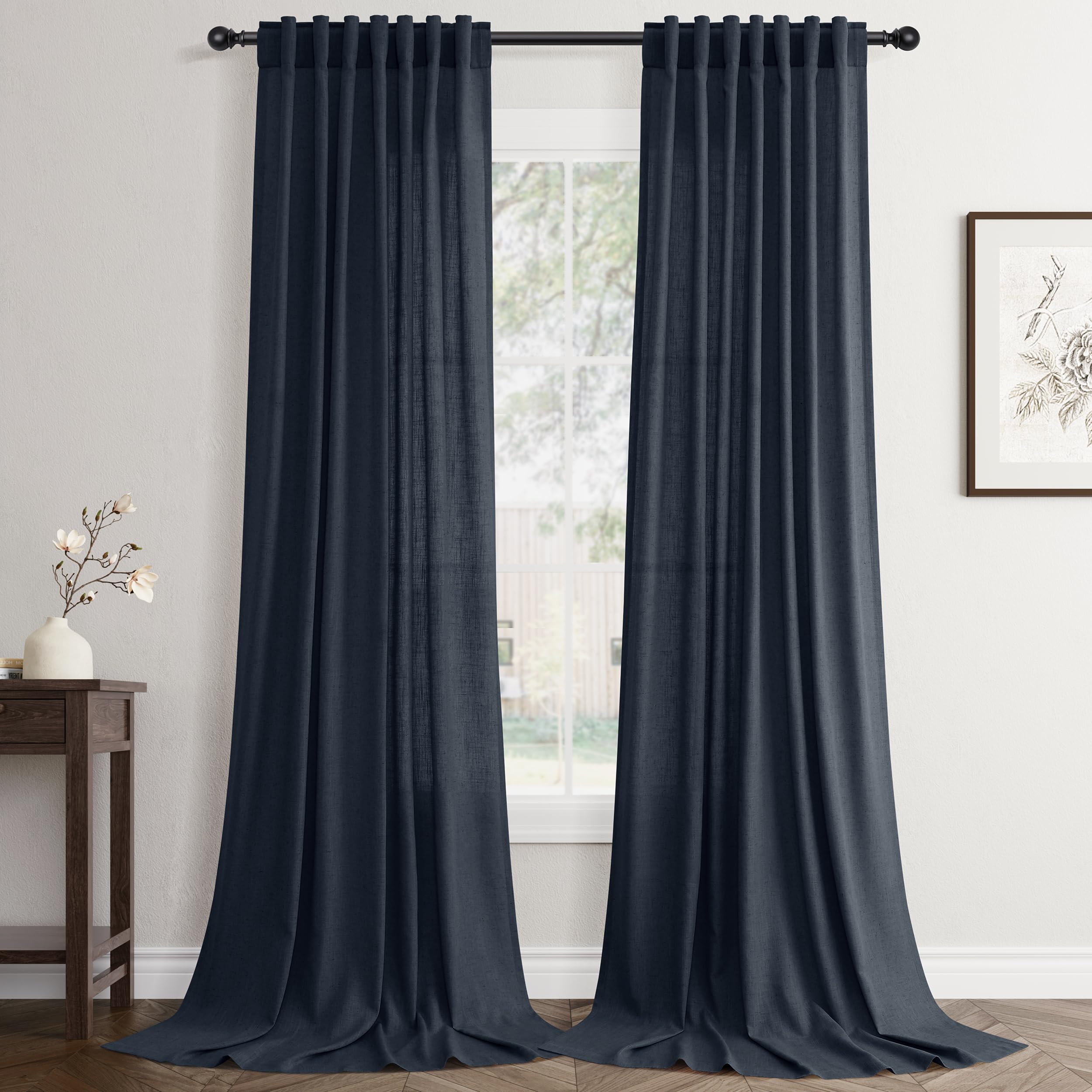 Flax Linen Beige Curtains 96 inches Long 2 Panel for Living Room Back Tab Pocket Drapes Semi Sheer Privacy Khaki Window Curtain Country Rustic Farmhouse Cloth Curtain for Dinning Room Tan