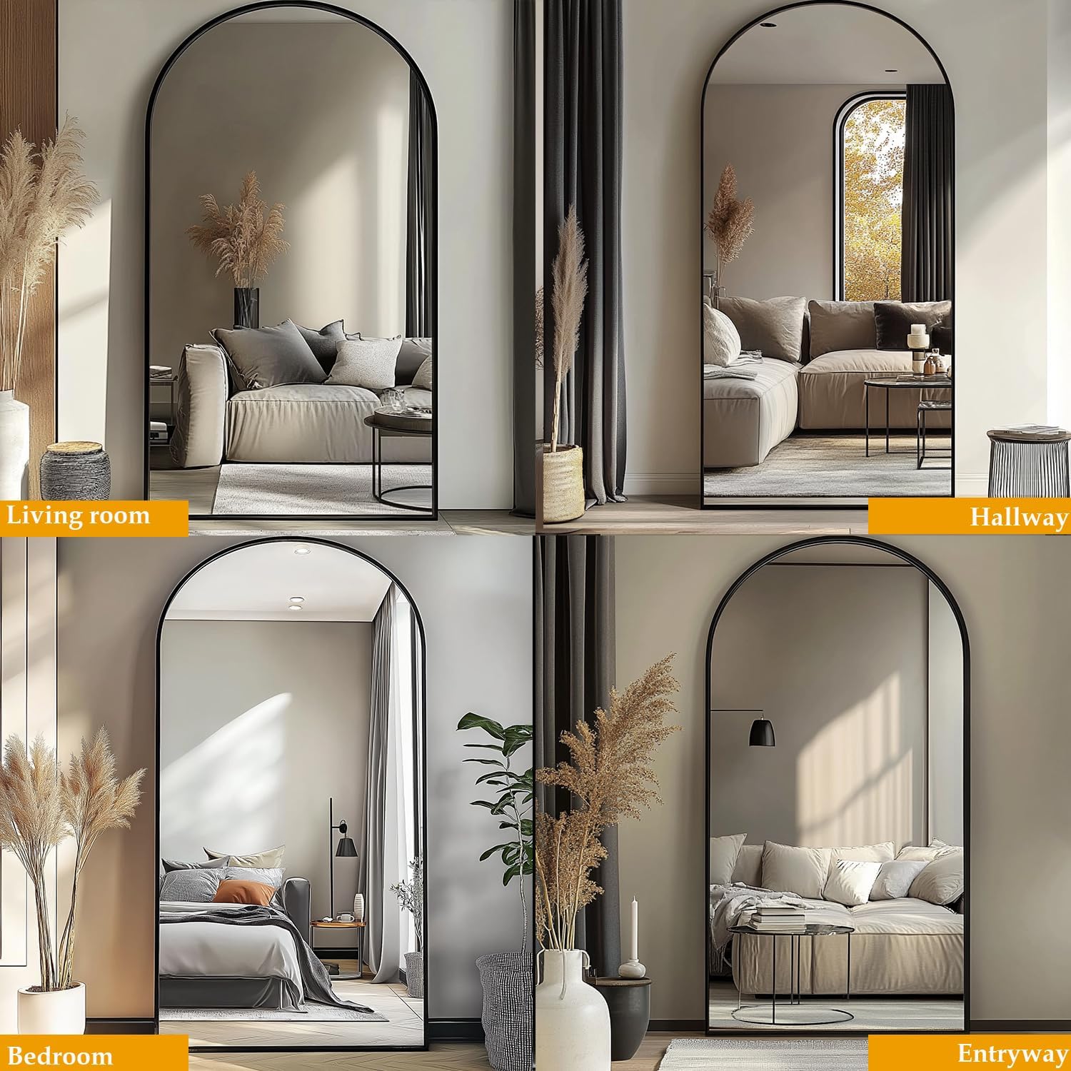 Dewfig Arched Full Length Mirror, 76"x34" Large Floor Mirror, Full Body Mirrors for Leaning or Hanging, Standing Mirrors for Bedroom, Living Room,Dressing Room, Aluminum Alloy Frame, Black