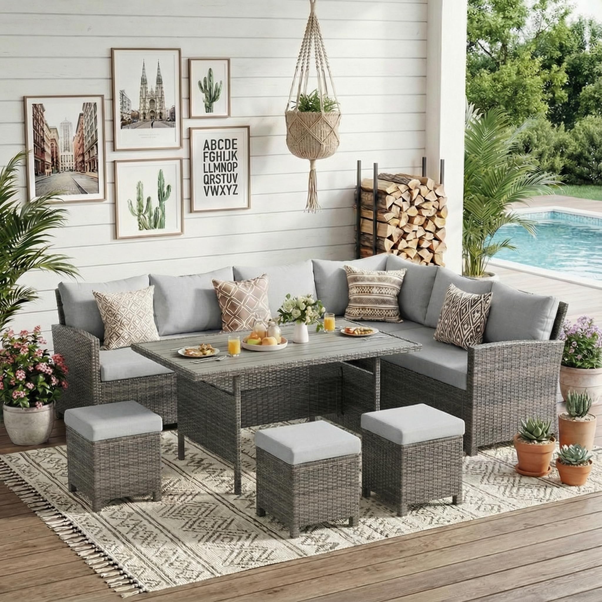 Wisteria Lane 7 Piece Patio Furniture Set, High Curved Back Wicker Patio Sectional, All Weather Outdoor Dining Set, Outdoor Furniture Patio Conversation Set with Ottoman, Blue