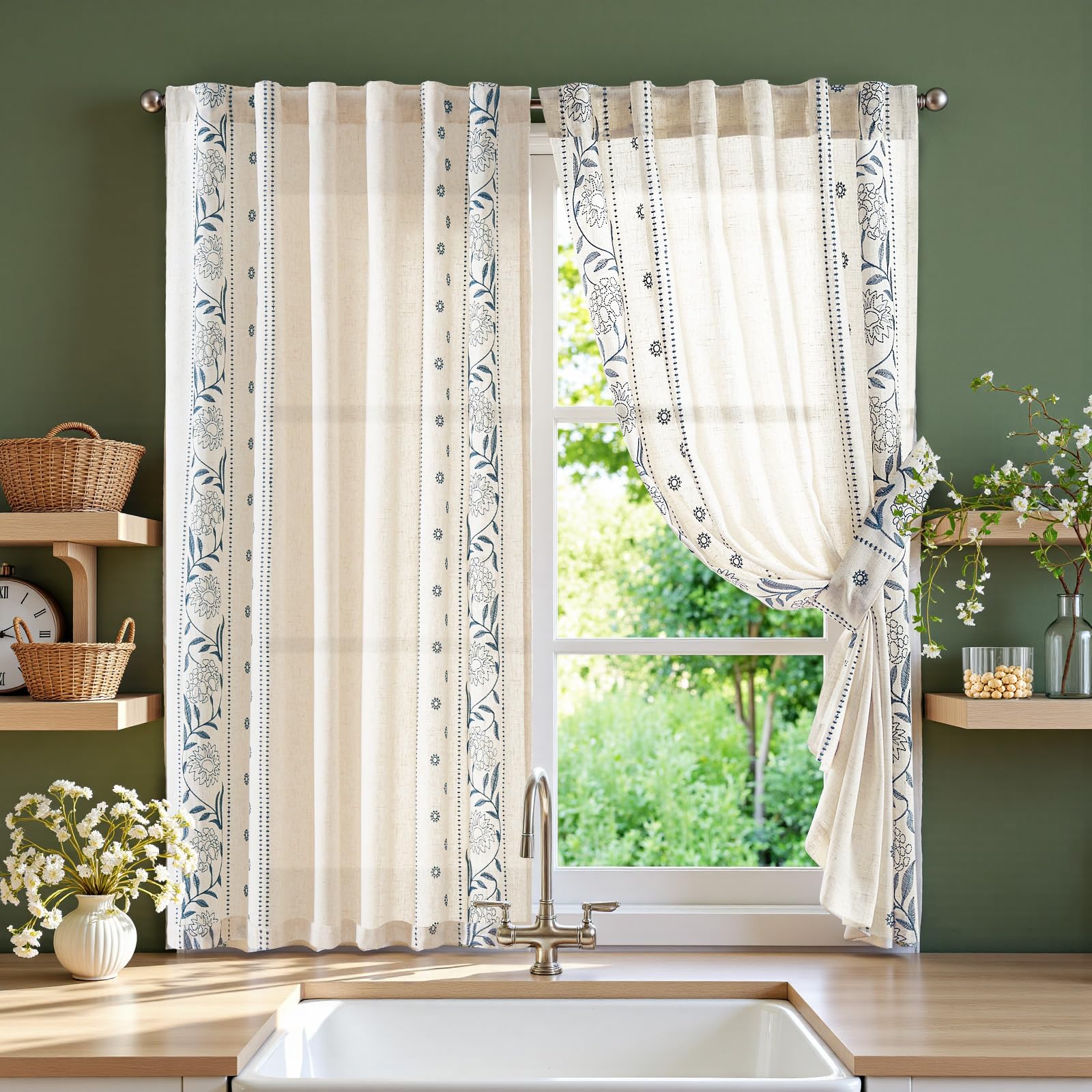 jinchan Winslow Linen Curtains for Bedroom 84 Inches Length Embroidered Bordered Floral Curtains for Living Room Farmhouse Decor Light Filtering Window Treatments Ivory on Beige Drapes 2 Panels