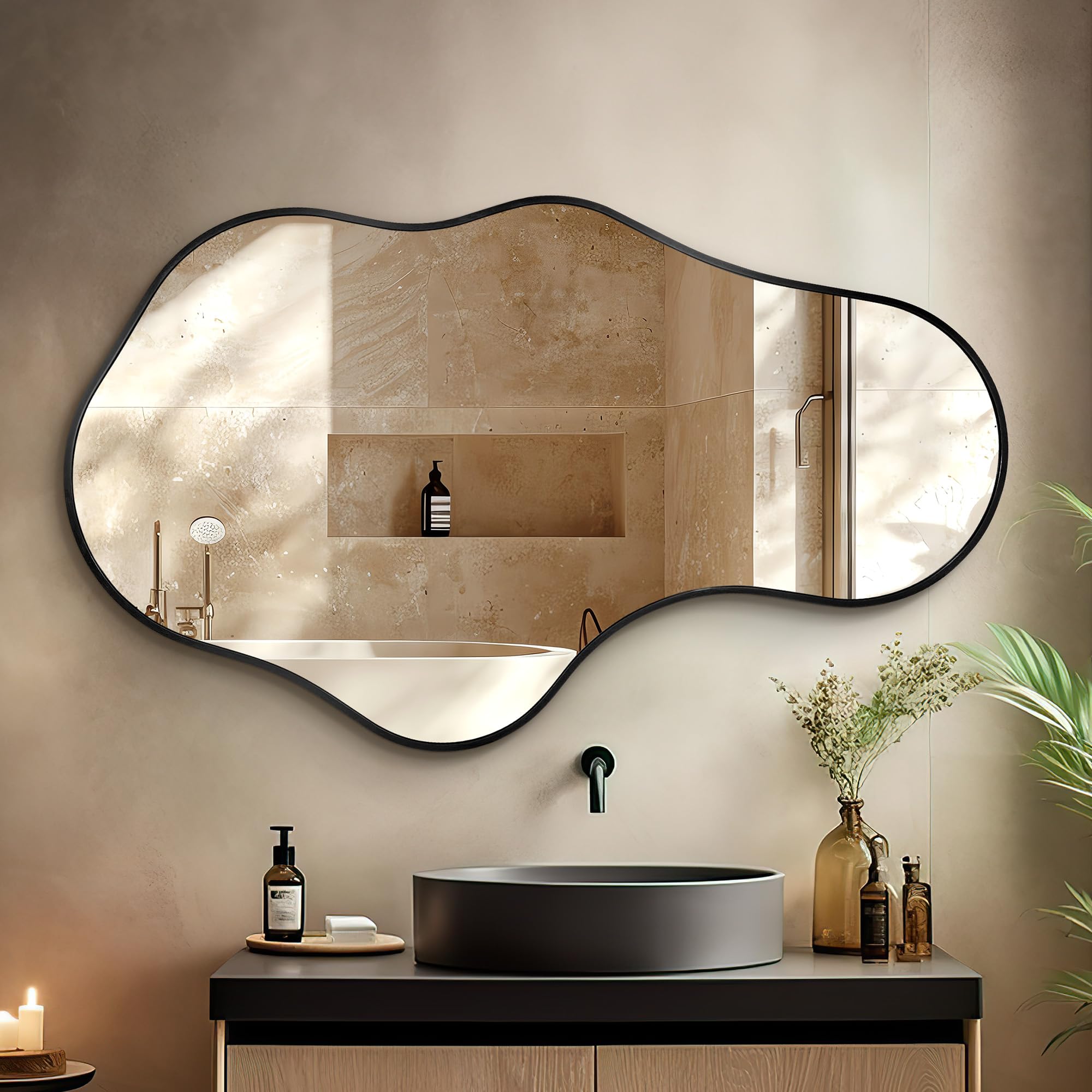 Dorlicecass 22"×36" Gold Aluminum Framed Irregular Asymmetrical Decor Wall Mirror for Bathroom Bedroom Entryway