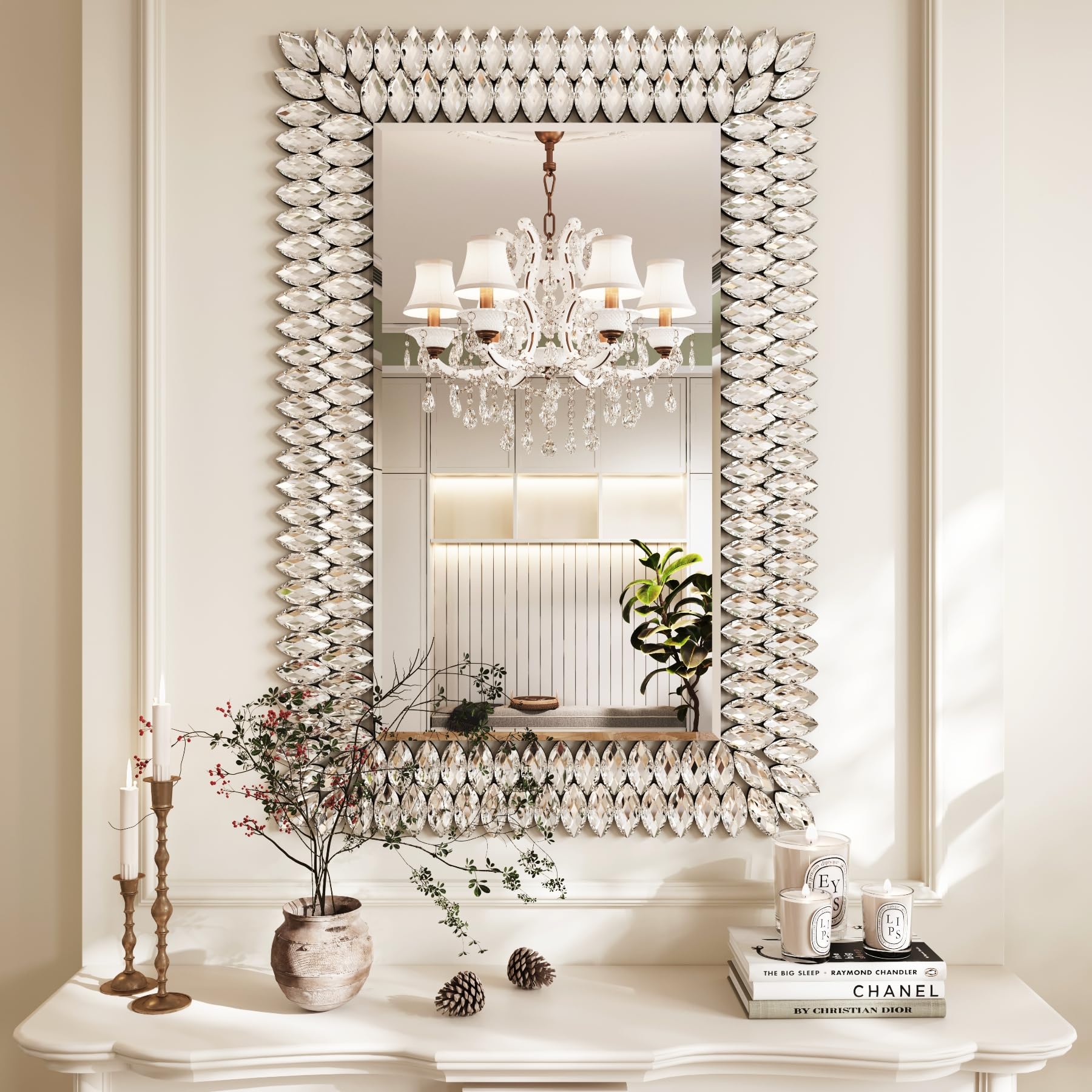 Kelly Miller Round Jeweled Mirror for Wall Decor, 26 in Modern Decorative Wall Mirror with Luxury Diamonds Beveled Vanity Mirror for Bedroom Dresser, Living Room Table, Bathroom, Hallway, Entryway