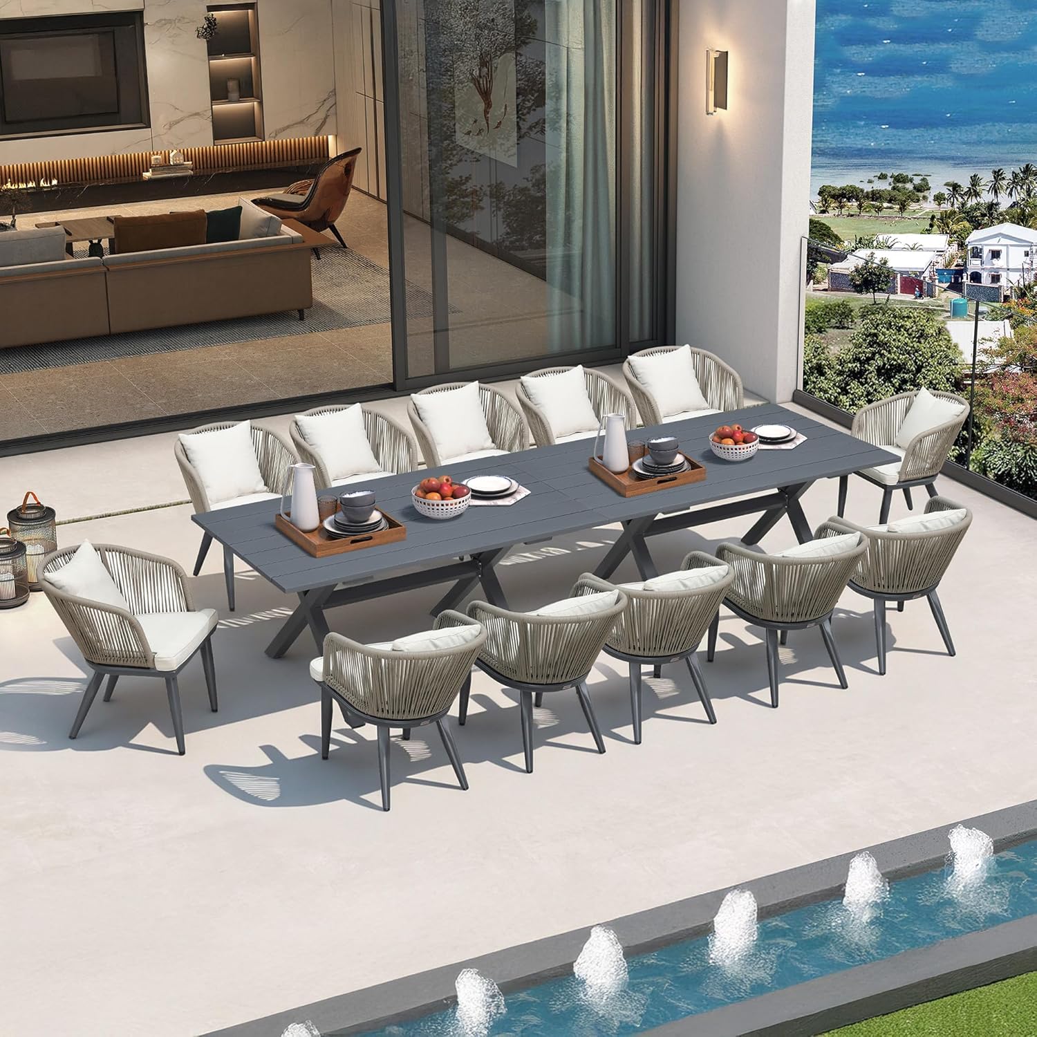 PURPLE LEAF 9 Pieces Patio Dining Set Wicker Outdoor Furniture Rectangular Table and Chairs Set for Garden Deck Teak-Finish Aluminum Frame Backyard Kitchen Set, Cushions and Pillows Included