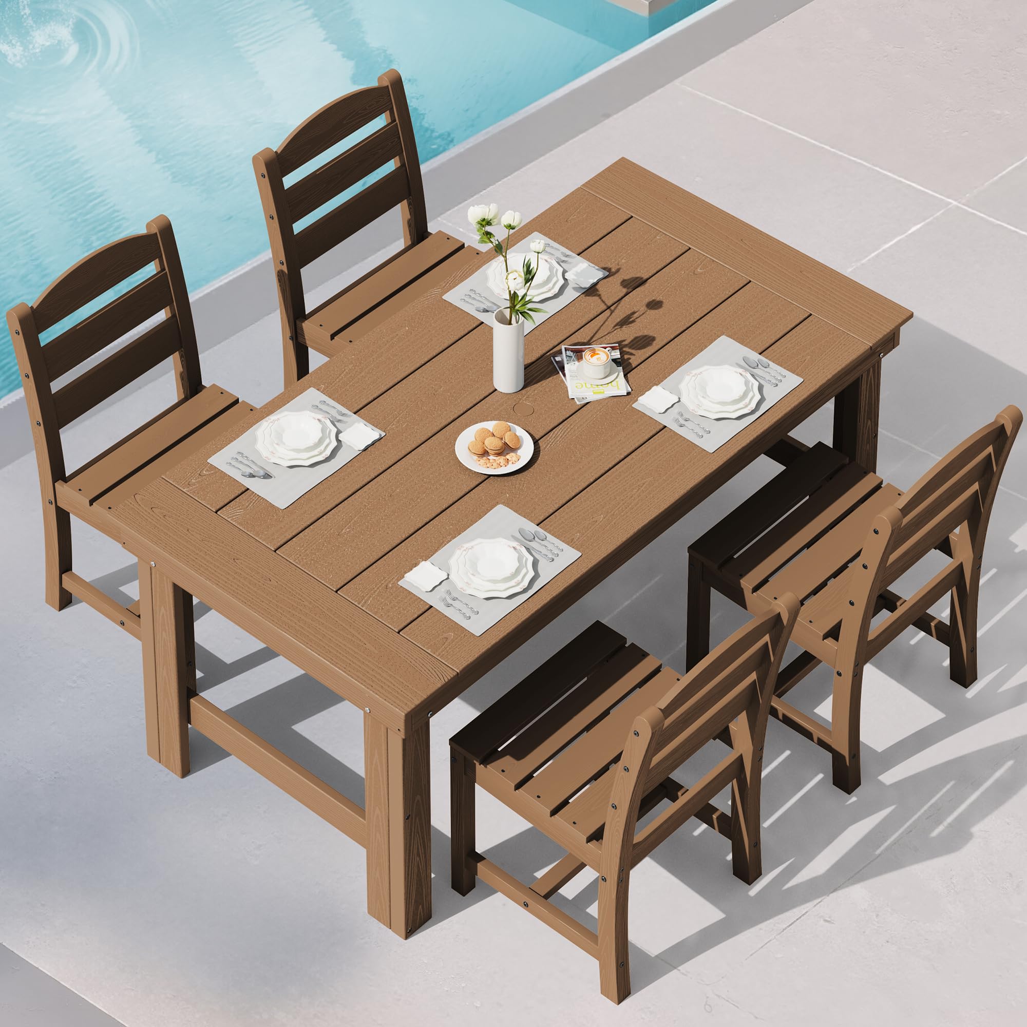 SERWALL Outdoor Dining Set for 4, HDPE Square Table and Chairs Set All Weather Patio Dining Set with 4 Classic Dining Chairs, 5-Piece Patio Dining Furniture for Deck, Brown
