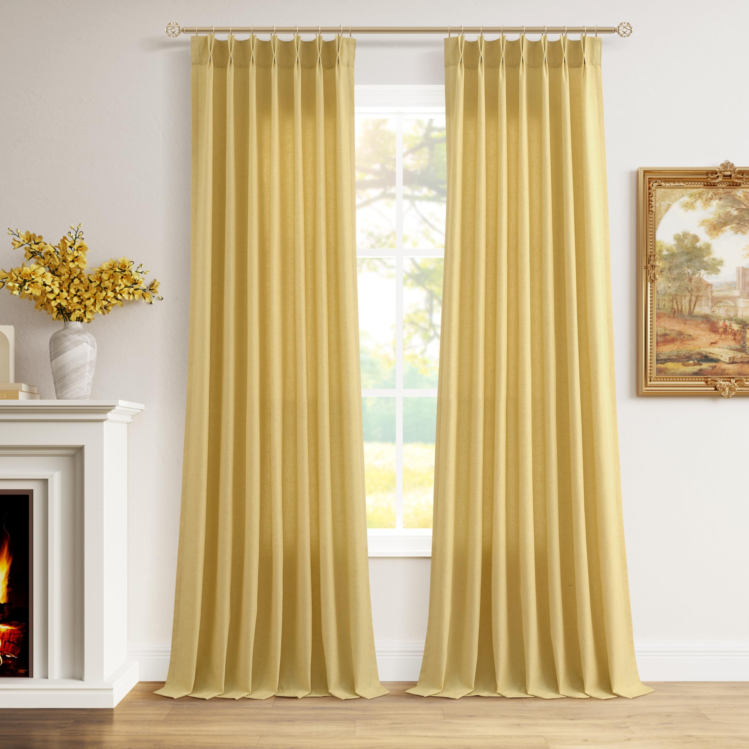 Extra Long Linen Curtains 108 Inch for Living Room Cream Pinch Pleated 9 FT Drapes Semi Sheer Ceiling to Floor Curtain for Bedroom Back Tab Flax Neutral Boho Decor Window, Natural Beige Ivory 2 Panels
