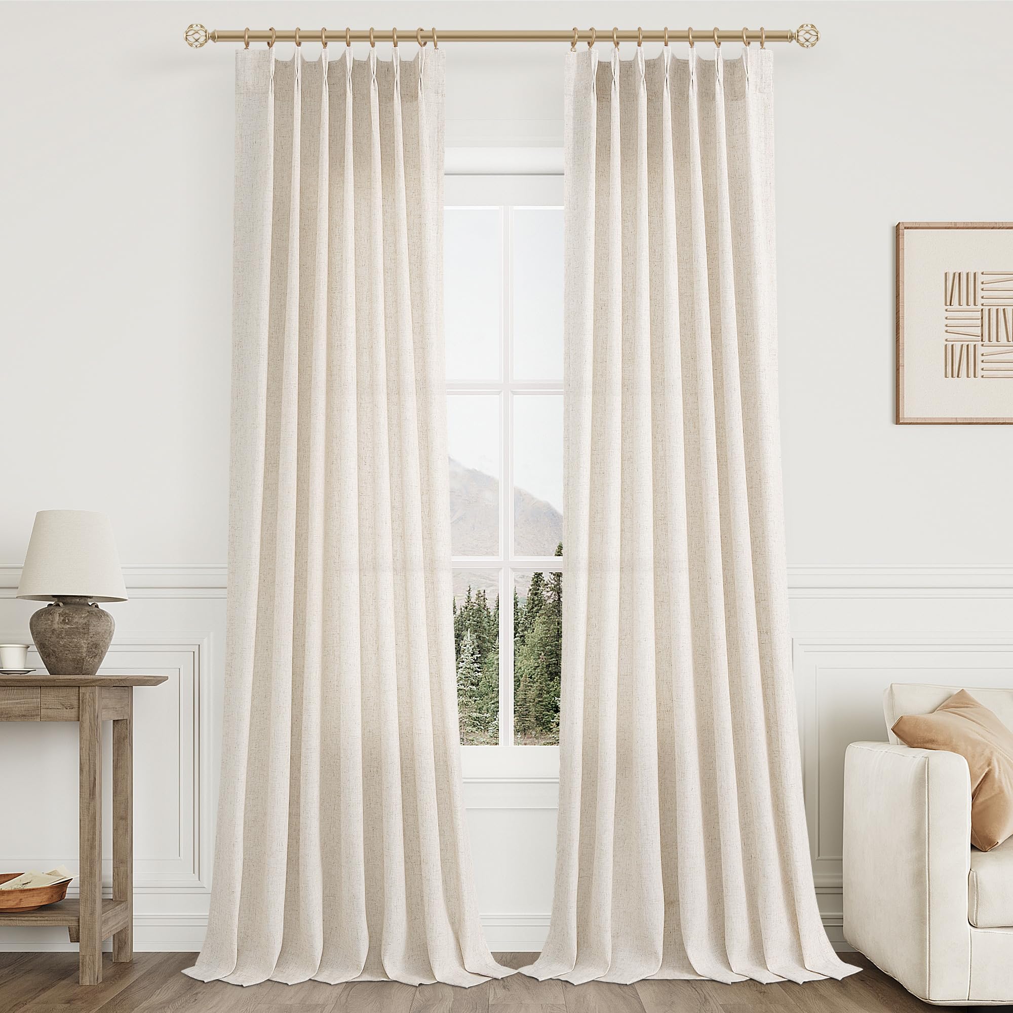Extra Long Linen Curtains 108 Inch for Living Room Cream Pinch Pleated 9 FT Drapes Semi Sheer Ceiling to Floor Curtain for Bedroom Back Tab Flax Neutral Boho Decor Window, Natural Beige Ivory 2 Panels