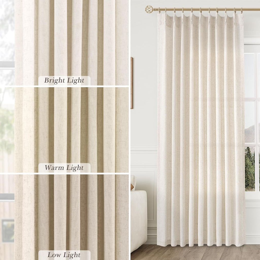 Extra Long Linen Curtains 108 Inch for Living Room Cream Pinch Pleated 9 FT Drapes Semi Sheer Ceiling to Floor Curtain for Bedroom Back Tab Flax Neutral Boho Decor Window, Natural Beige Ivory 2 Panels