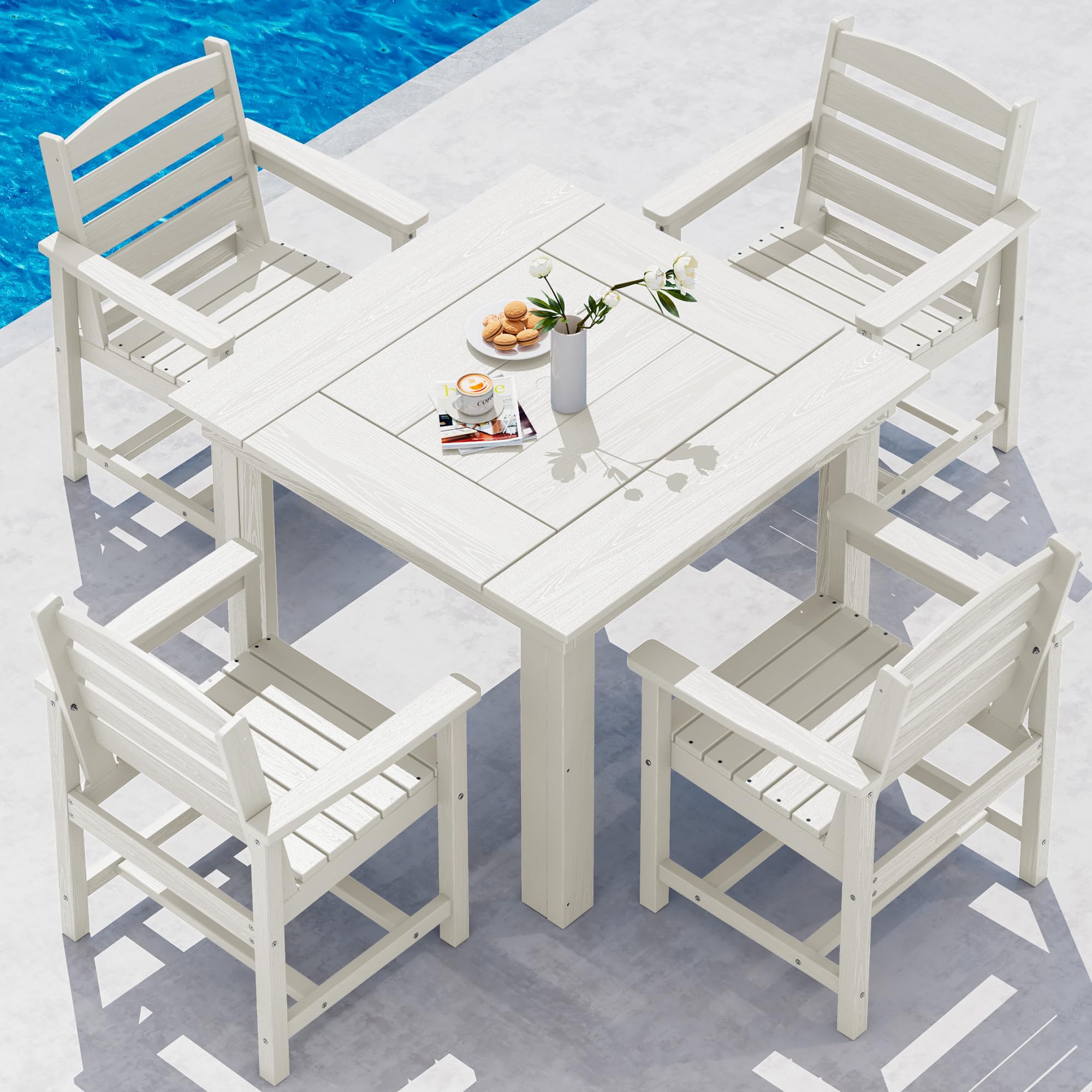 SERWALL Outdoor Dining Set for 4, HDPE Square Table and Chairs Set All Weather Patio Dining Set with 4 Classic Dining Chairs, 5-Piece Patio Dining Furniture for Deck, Brown