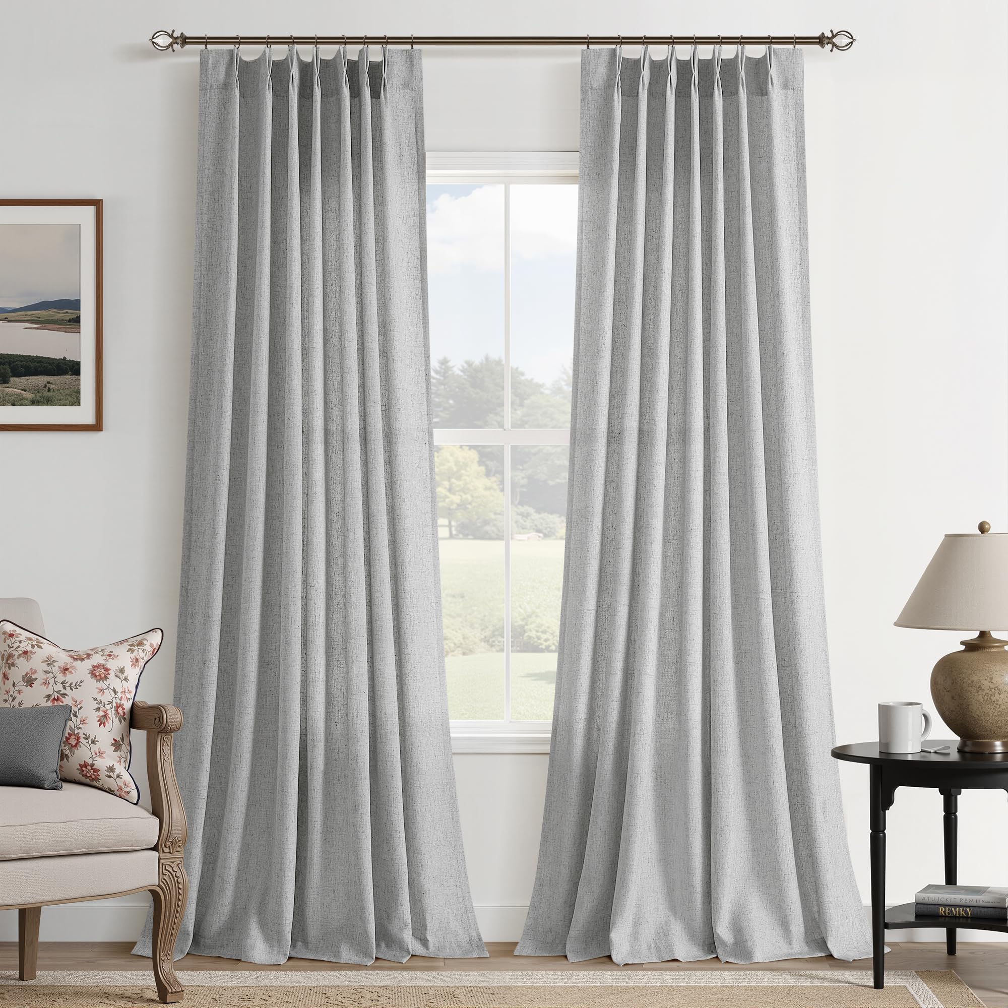 Extra Long Linen Curtains 108 Inch for Living Room Cream Pinch Pleated 9 FT Drapes Semi Sheer Ceiling to Floor Curtain for Bedroom Back Tab Flax Neutral Boho Decor Window, Natural Beige Ivory 2 Panels