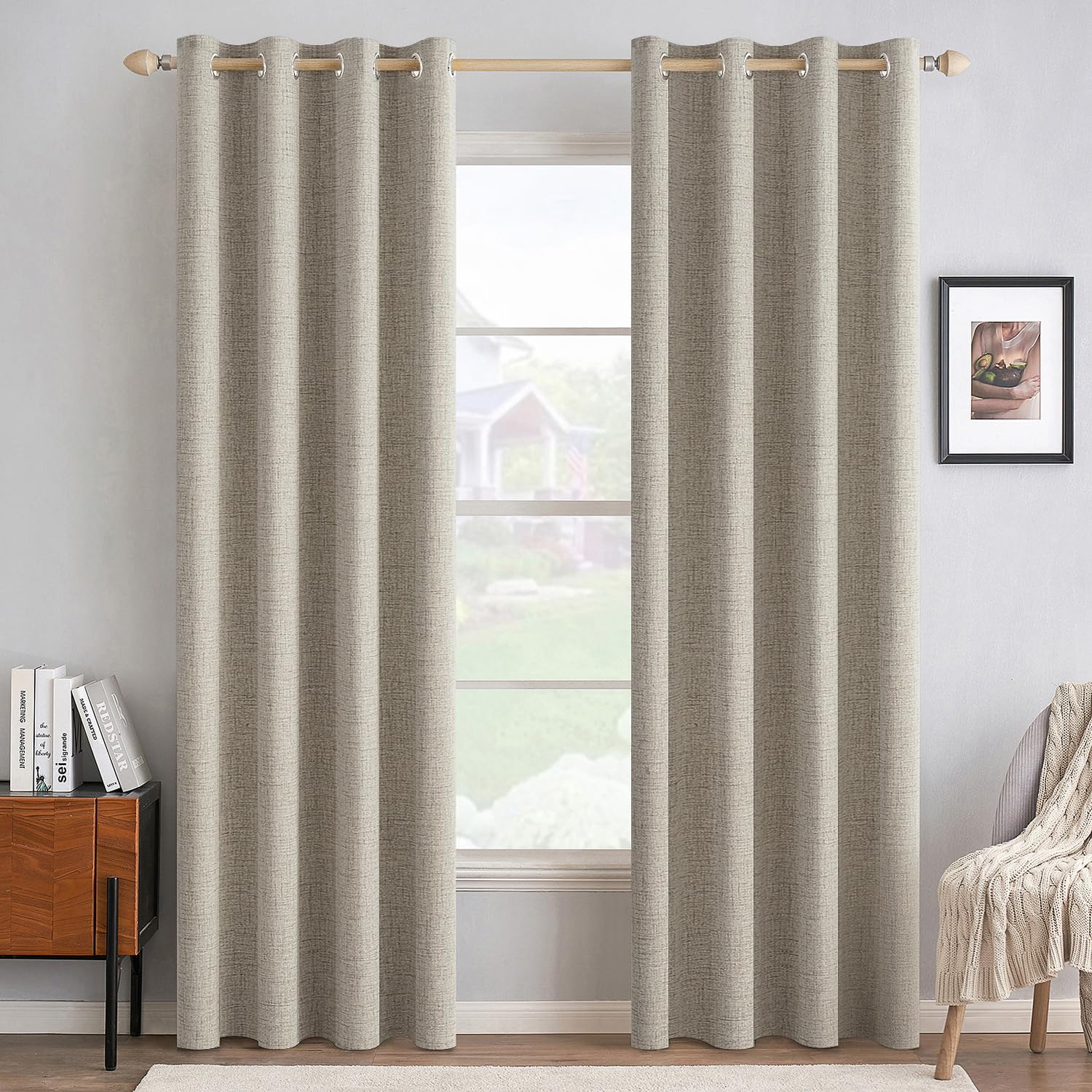 MIULEE 100% Blackout Linen Textured Curtains for Bedroom Solid Thermal Insulated Natural Beige Grommet Room Darkening Curtains & Drapes Luxury Decor for Living Room Nursery 52 x 96 Inch (2 Panels)