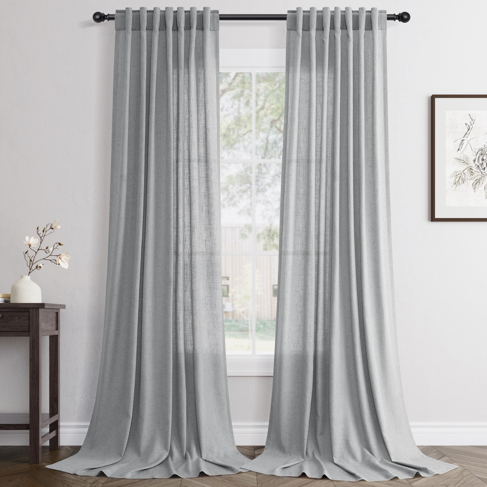 Flax Linen Beige Curtains 96 inches Long 2 Panel for Living Room Back Tab Pocket Drapes Semi Sheer Privacy Khaki Window Curtain Country Rustic Farmhouse Cloth Curtain for Dinning Room Tan