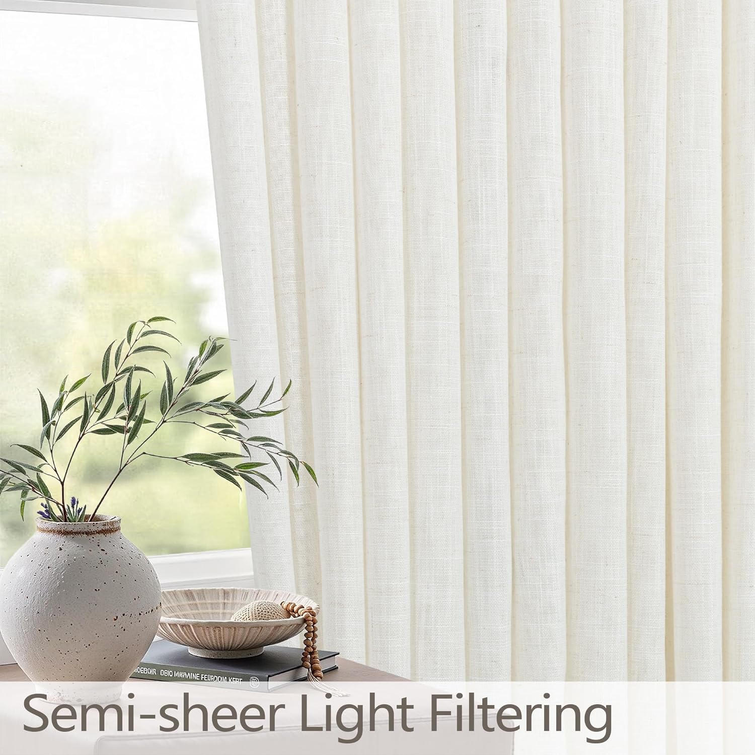 Natural Pinch Pleated Linen Cream Curtains 84 Inch Length 2 Panels for Living Room Bedroom Ivory Semi Sheer Light Filtering Modern Farmhouse Boho Neutral Rustic Long Drapes Back Tab Pleat Hooks Rings