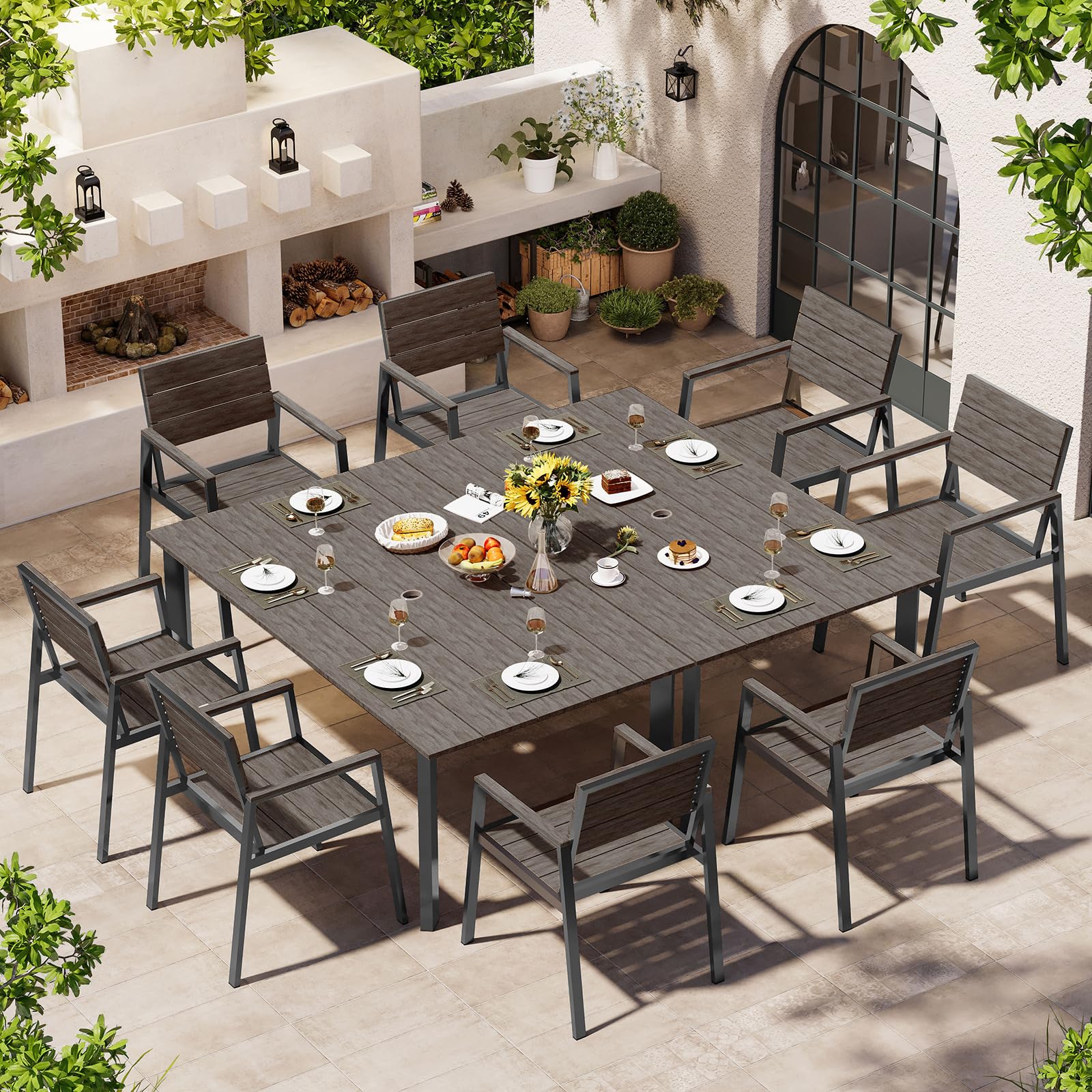 Outdoor Dining Set, Patio Table and Chairs Set with Umbrella Hole, 7 Pieces HDPS + Aluminum Patio Dining Furniture Set for Backyard, Garden (Gray & Teak)