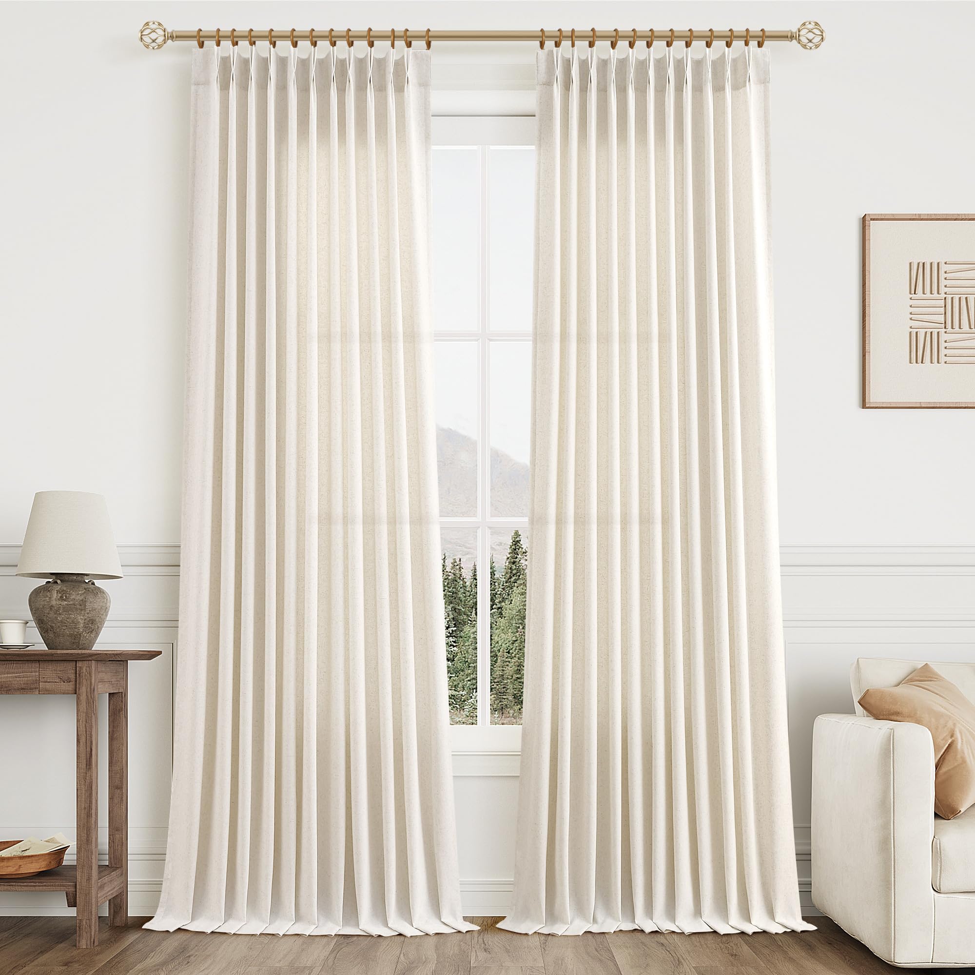 Extra Long Linen Curtains 108 Inch for Living Room Cream Pinch Pleated 9 FT Drapes Semi Sheer Ceiling to Floor Curtain for Bedroom Back Tab Flax Neutral Boho Decor Window, Natural Beige Ivory 2 Panels