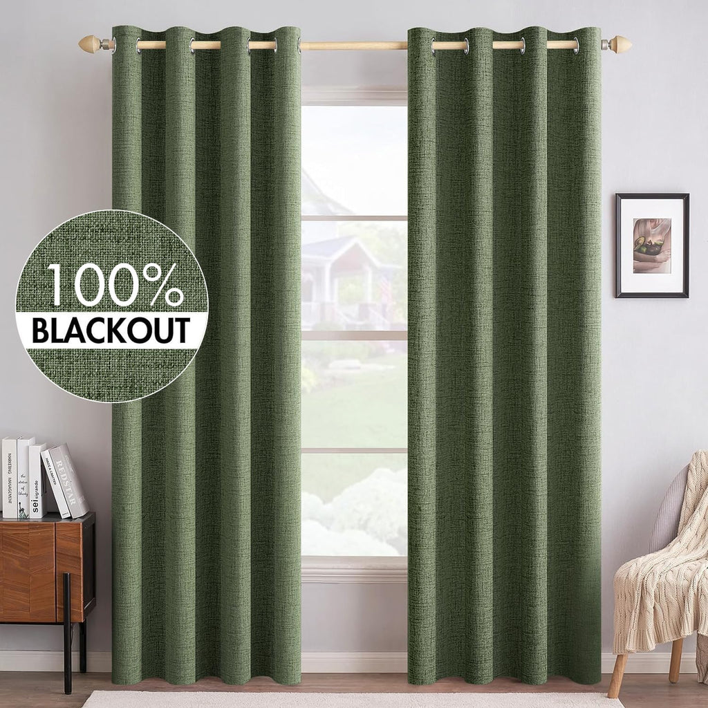 MIULEE 100% Blackout Linen Textured Curtains for Bedroom Solid Thermal Insulated Natural Beige Grommet Room Darkening Curtains & Drapes Luxury Decor for Living Room Nursery 52 x 96 Inch (2 Panels)