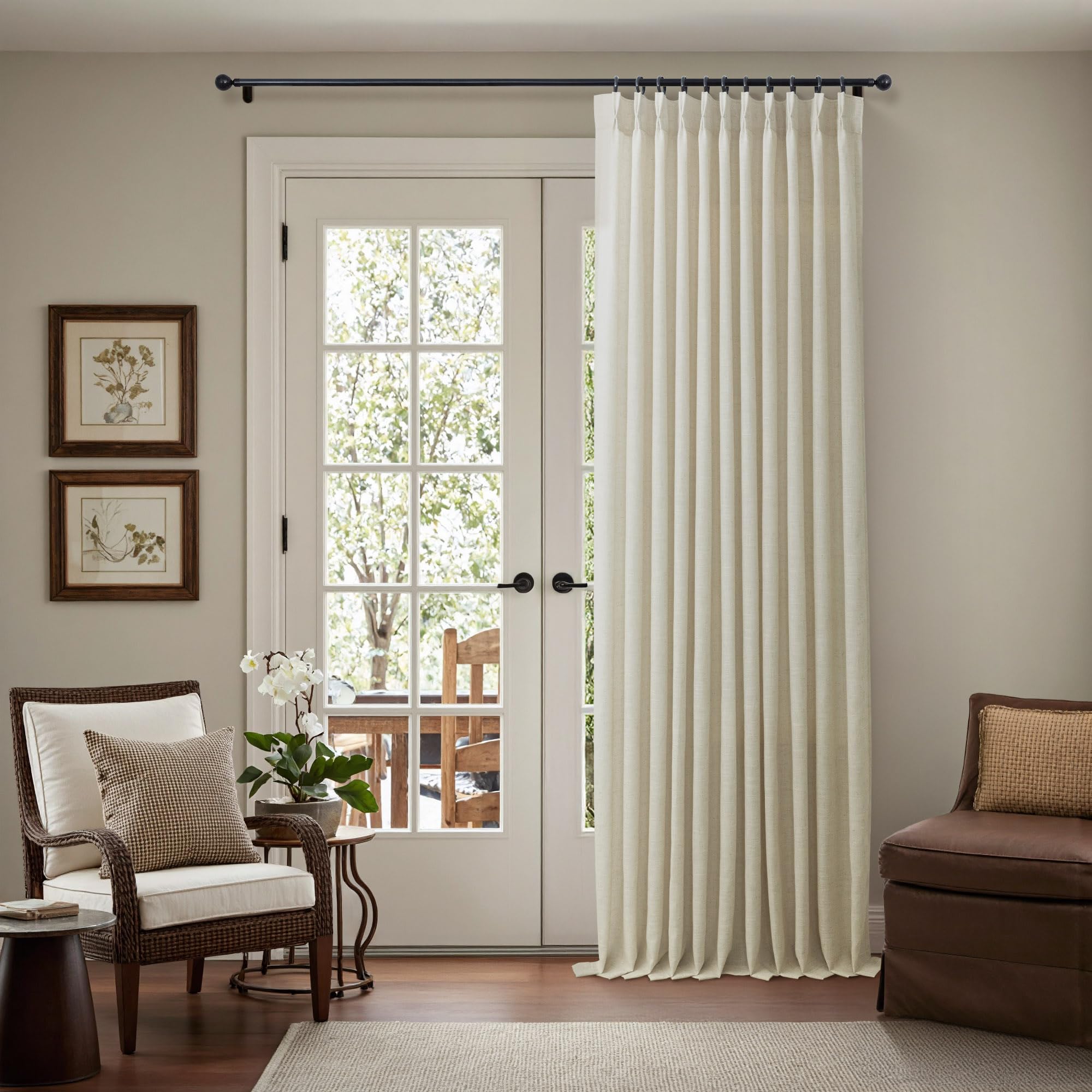 Natural Pinch Pleated Linen Cream Curtains 84 Inch Length 2 Panels for Living Room Bedroom Ivory Semi Sheer Light Filtering Modern Farmhouse Boho Neutral Rustic Long Drapes Back Tab Pleat Hooks Rings