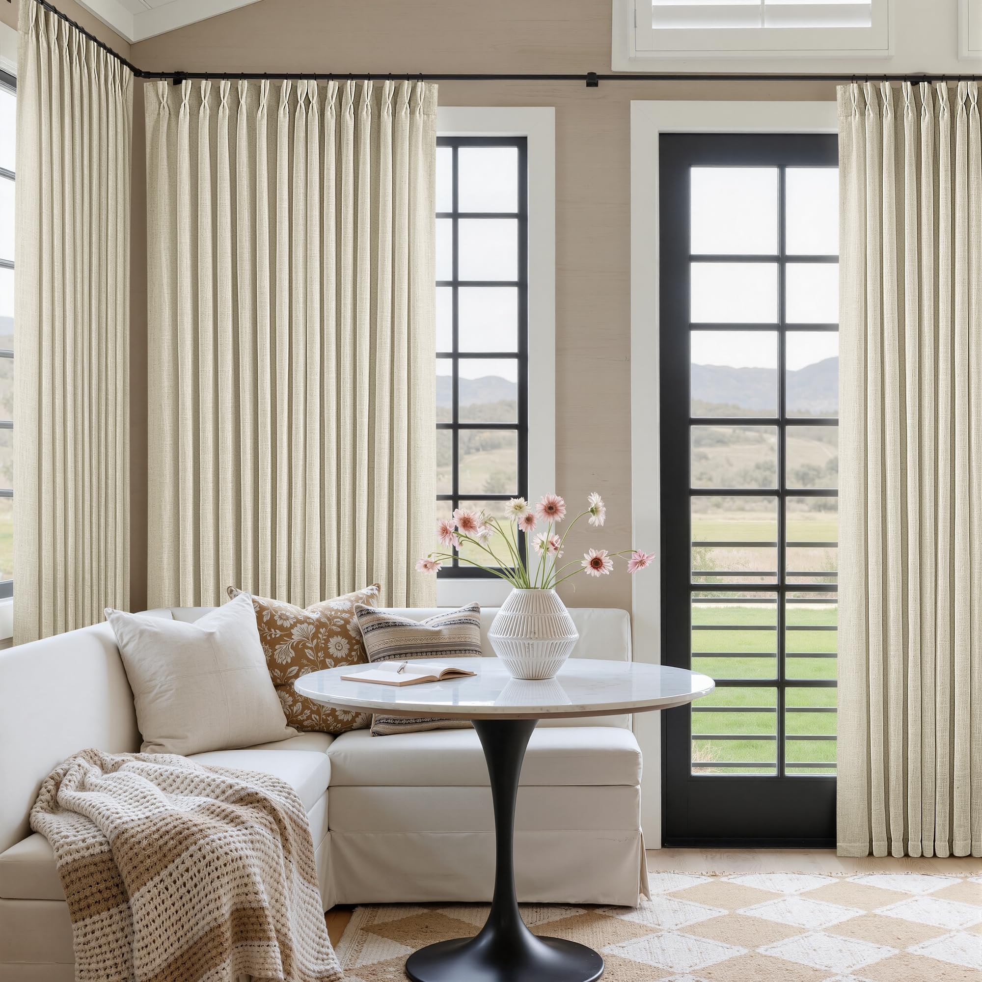 Pinch Pleated Linen Curtains 108 Inches Long for Living Room 2 Panels Set Cream Ivory Flax Double Pleated Drapes Back Tab Neutral Boho Ceiling Floor 108 Inch Window Curtains Bedroom Natural Birch