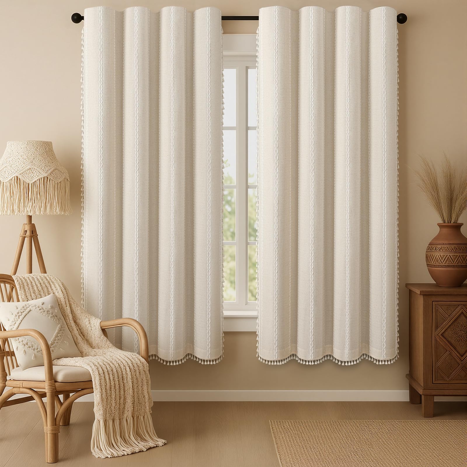 Boho Blackout Curtains 2 Panels 84 Inch for Living Room Bedroom, Beige Linen Texture Farmhouse Curtains with Tassels and Cotton Embroidery Vintage Rustic Western Rod Pocket