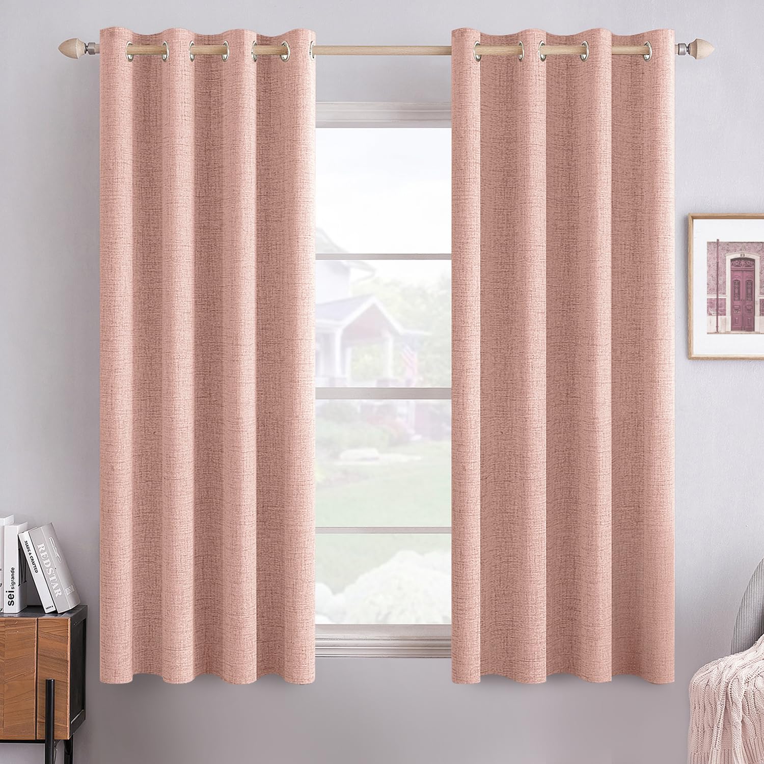 MIULEE 100% Blackout Linen Textured Curtains for Bedroom Solid Thermal Insulated Natural Beige Grommet Room Darkening Curtains & Drapes Luxury Decor for Living Room Nursery 52 x 96 Inch (2 Panels)