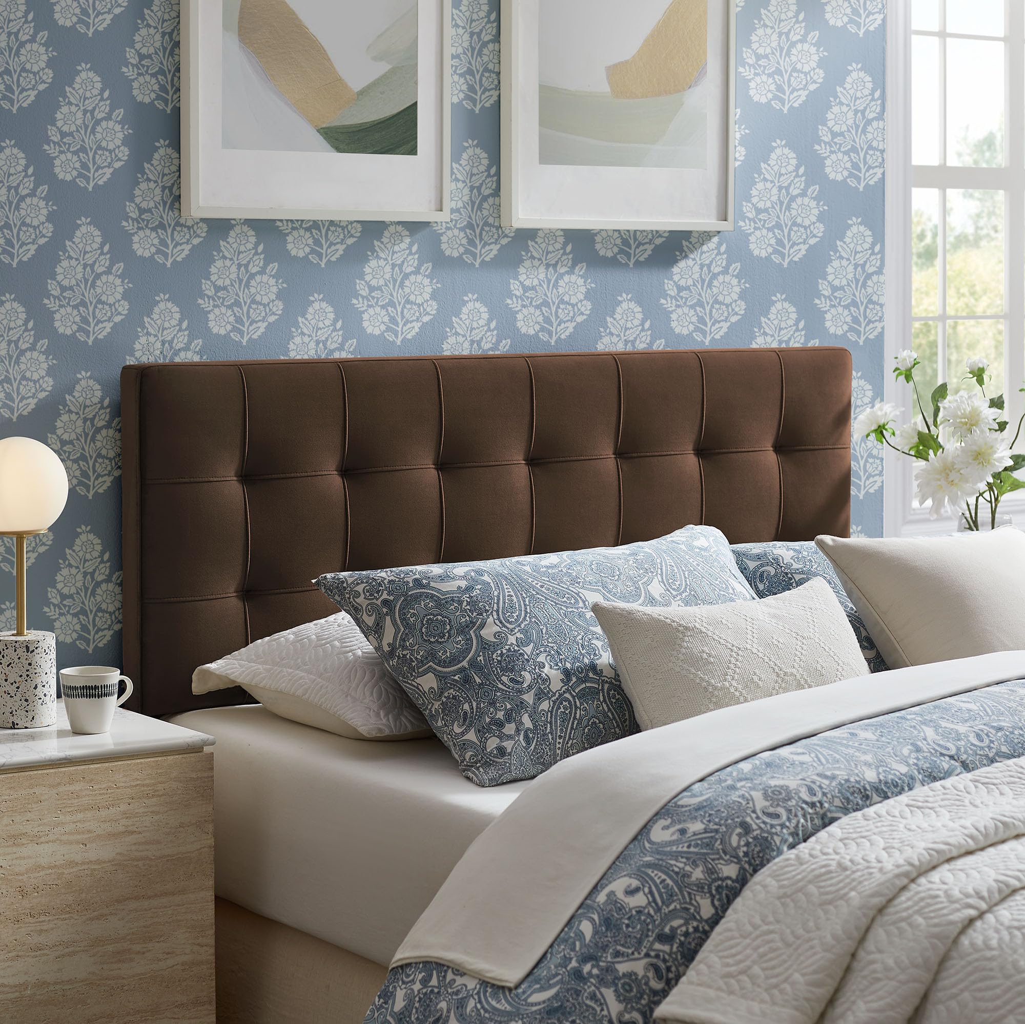 Modway Lily Performance Velvet Full Size Headboard with Biscuit Tufting in Alabaster - Stain-Resistant Upholstery with Padded Design and 5 Height-Adjustable Mounts