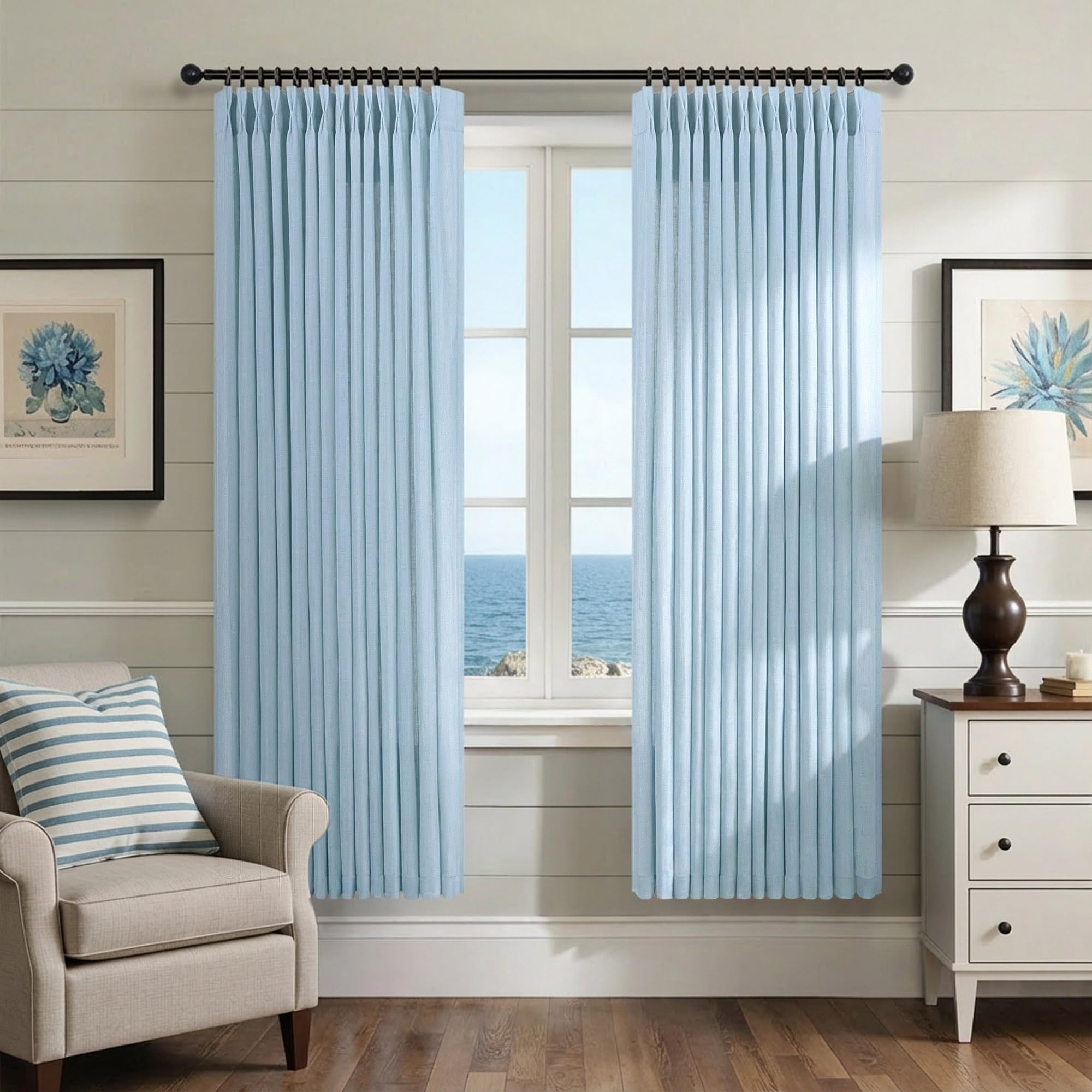 Natural Pinch Pleated Linen Cream Curtains 84 Inch Length 2 Panels for Living Room Bedroom Ivory Semi Sheer Light Filtering Modern Farmhouse Boho Neutral Rustic Long Drapes Back Tab Pleat Hooks Rings