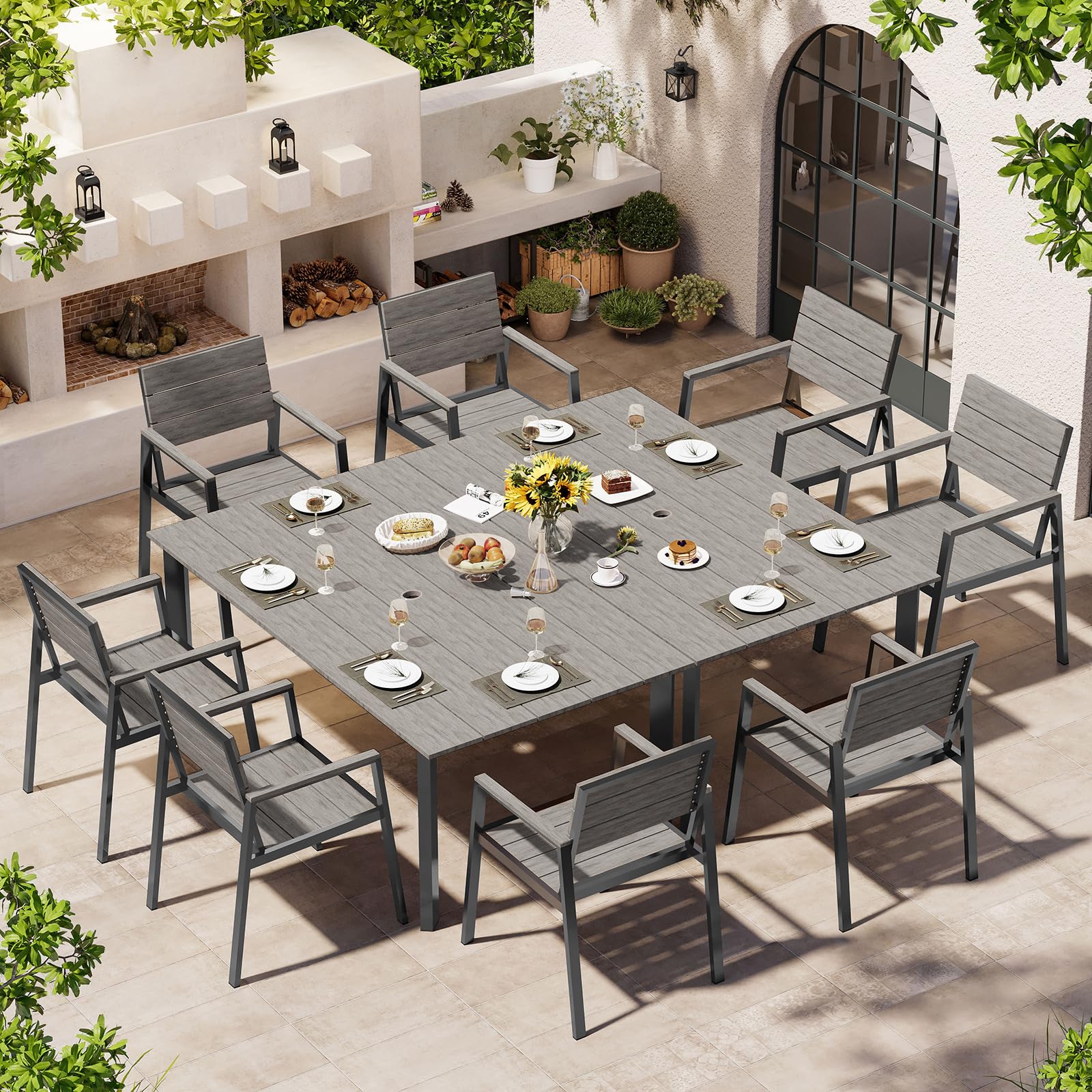 Outdoor Dining Set, Patio Table and Chairs Set with Umbrella Hole, 7 Pieces HDPS + Aluminum Patio Dining Furniture Set for Backyard, Garden (Gray & Teak)