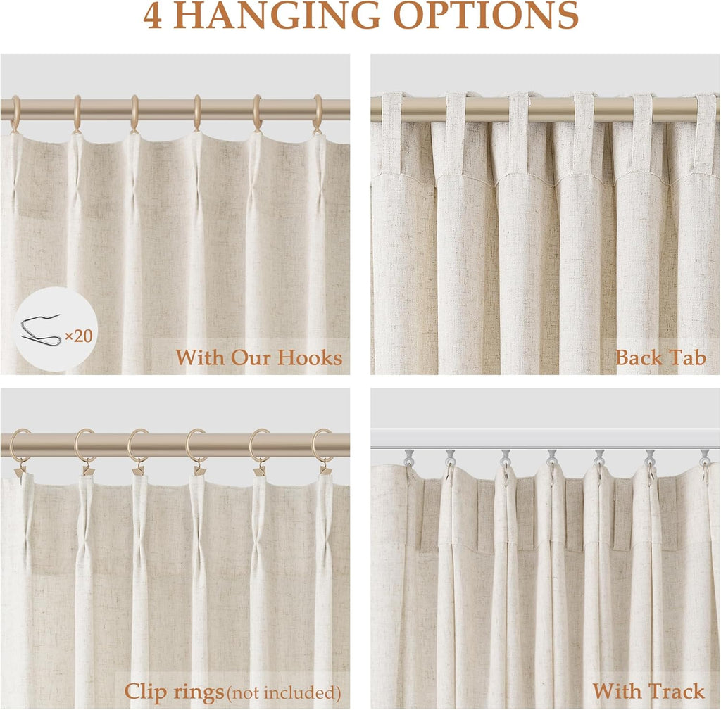 Extra Long Linen Curtains 108 Inch for Living Room Cream Pinch Pleated 9 FT Drapes Semi Sheer Ceiling to Floor Curtain for Bedroom Back Tab Flax Neutral Boho Decor Window, Natural Beige Ivory 2 Panels
