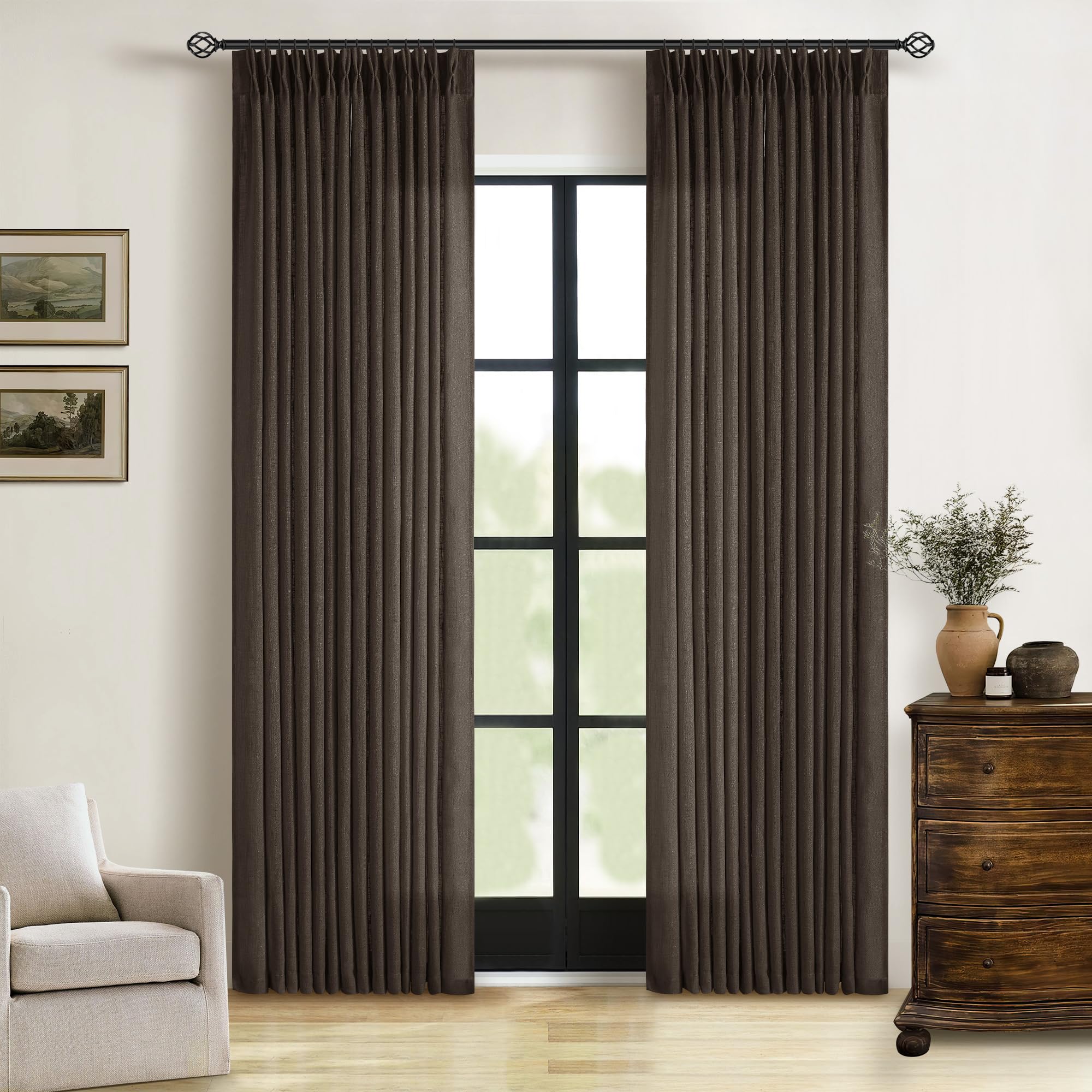 Pinch Pleated Linen Curtains 108 Inches Long for Living Room 2 Panels Set Cream Ivory Flax Double Pleated Drapes Back Tab Neutral Boho Ceiling Floor 108 Inch Window Curtains Bedroom Natural Birch