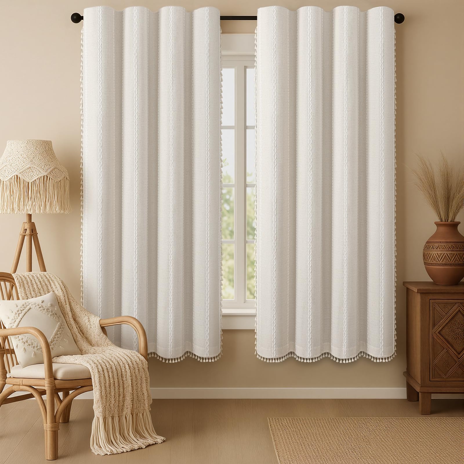Boho Blackout Curtains 2 Panels 84 Inch for Living Room Bedroom, Beige Linen Texture Farmhouse Curtains with Tassels and Cotton Embroidery Vintage Rustic Western Rod Pocket