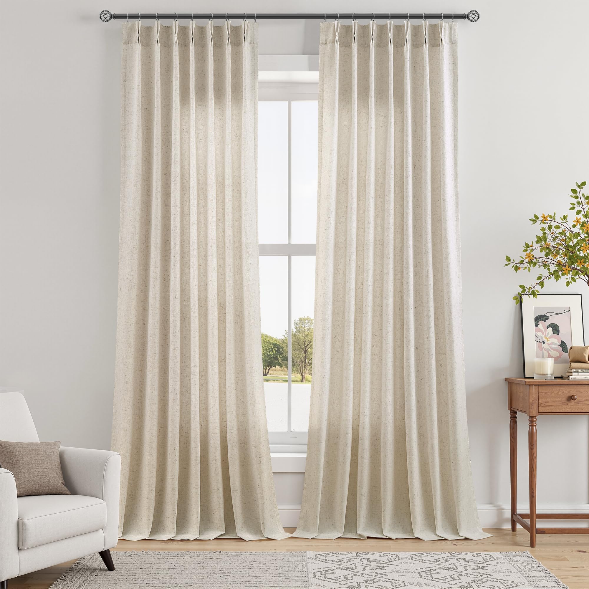 Extra Long Linen Curtains 108 Inch for Living Room Cream Pinch Pleated 9 FT Drapes Semi Sheer Ceiling to Floor Curtain for Bedroom Back Tab Flax Neutral Boho Decor Window, Natural Beige Ivory 2 Panels