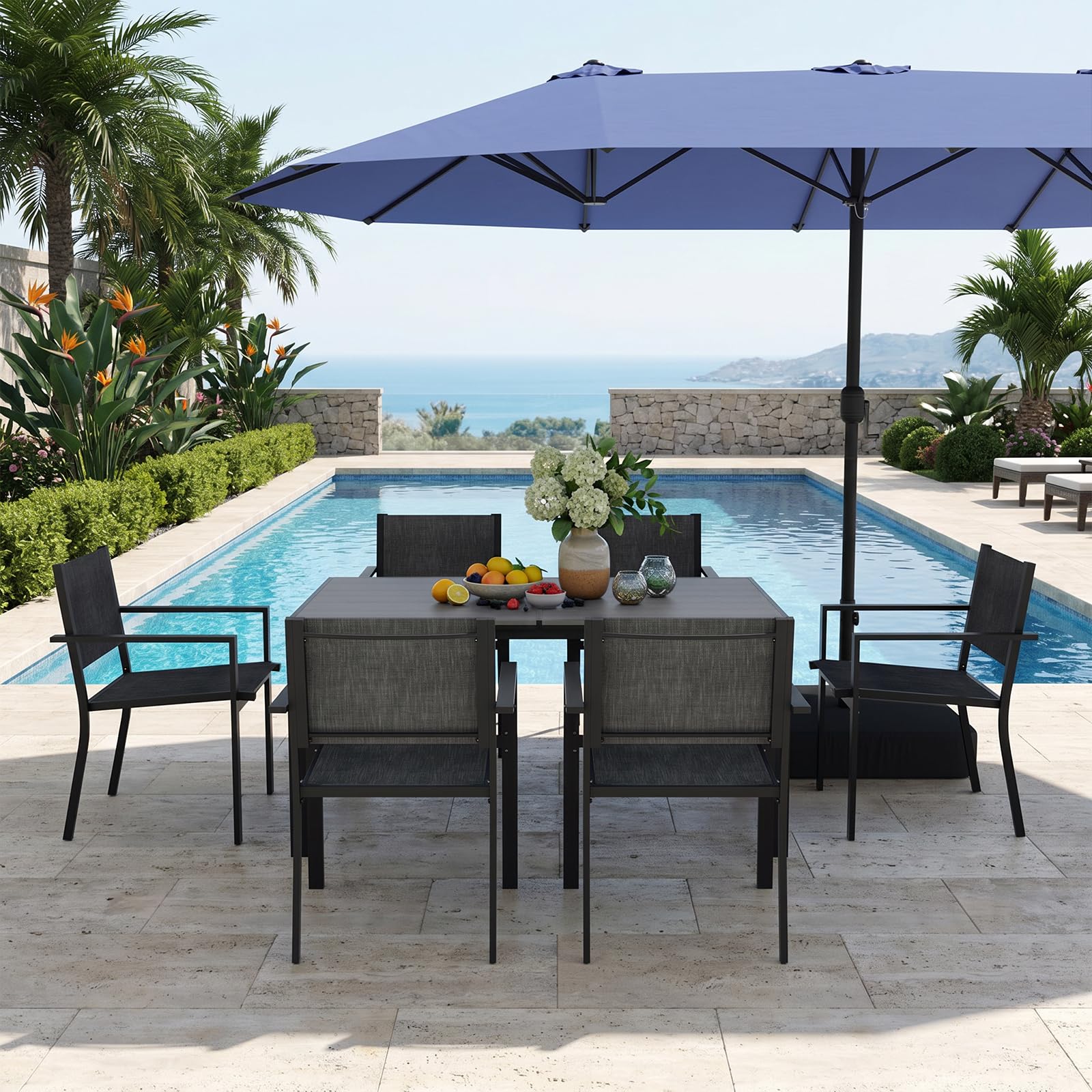 Aoxun 7-Piece Patio Table and Chairs Set for 6, All Weather Outdoor Dining Set with 6 Textilene Chairs and 1 Rectangular Metal Table, Patio Dining Sets for Backyard, Garden and Poolside, Brown