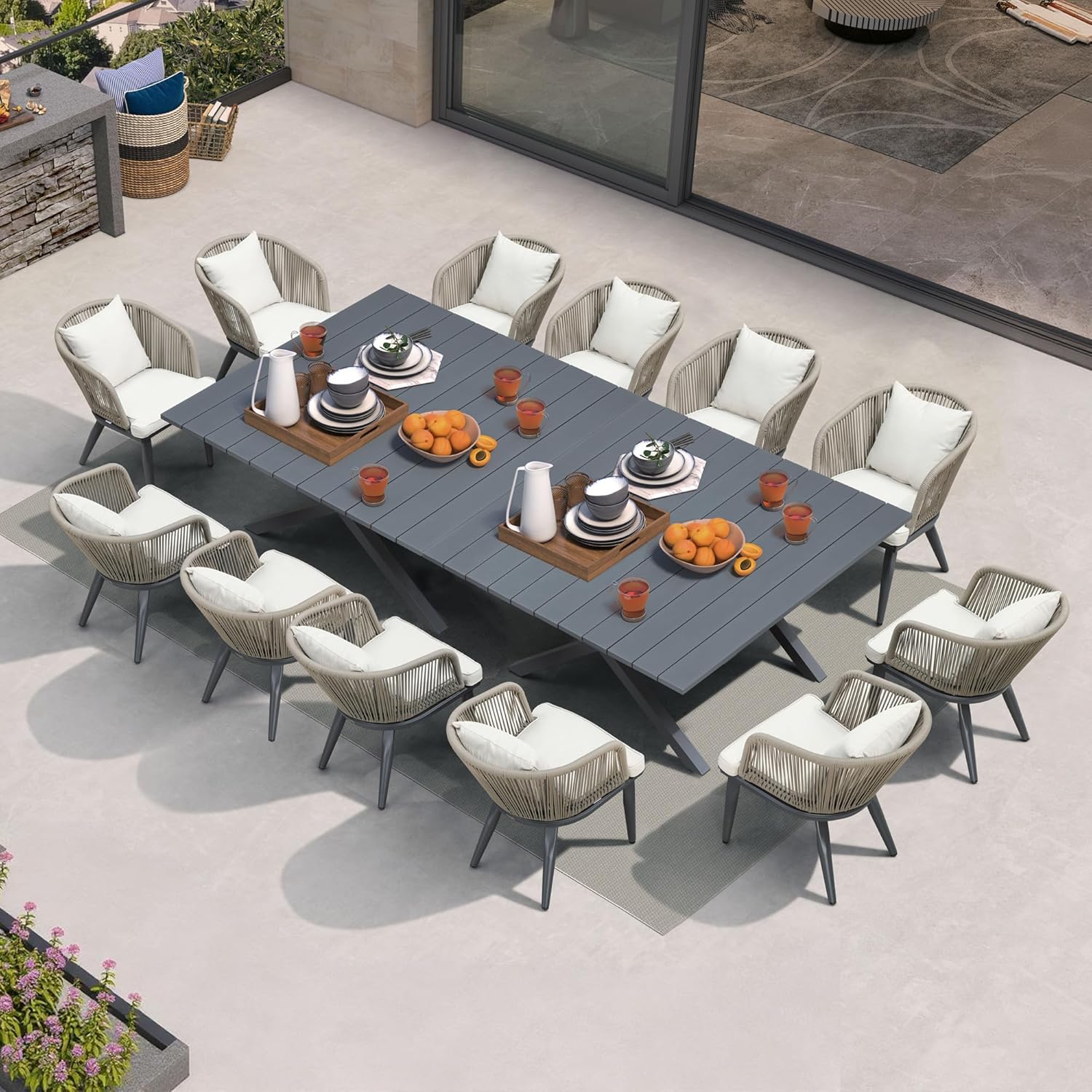 PURPLE LEAF 9 Pieces Patio Dining Set Wicker Outdoor Furniture Rectangular Table and Chairs Set for Garden Deck Teak-Finish Aluminum Frame Backyard Kitchen Set, Cushions and Pillows Included