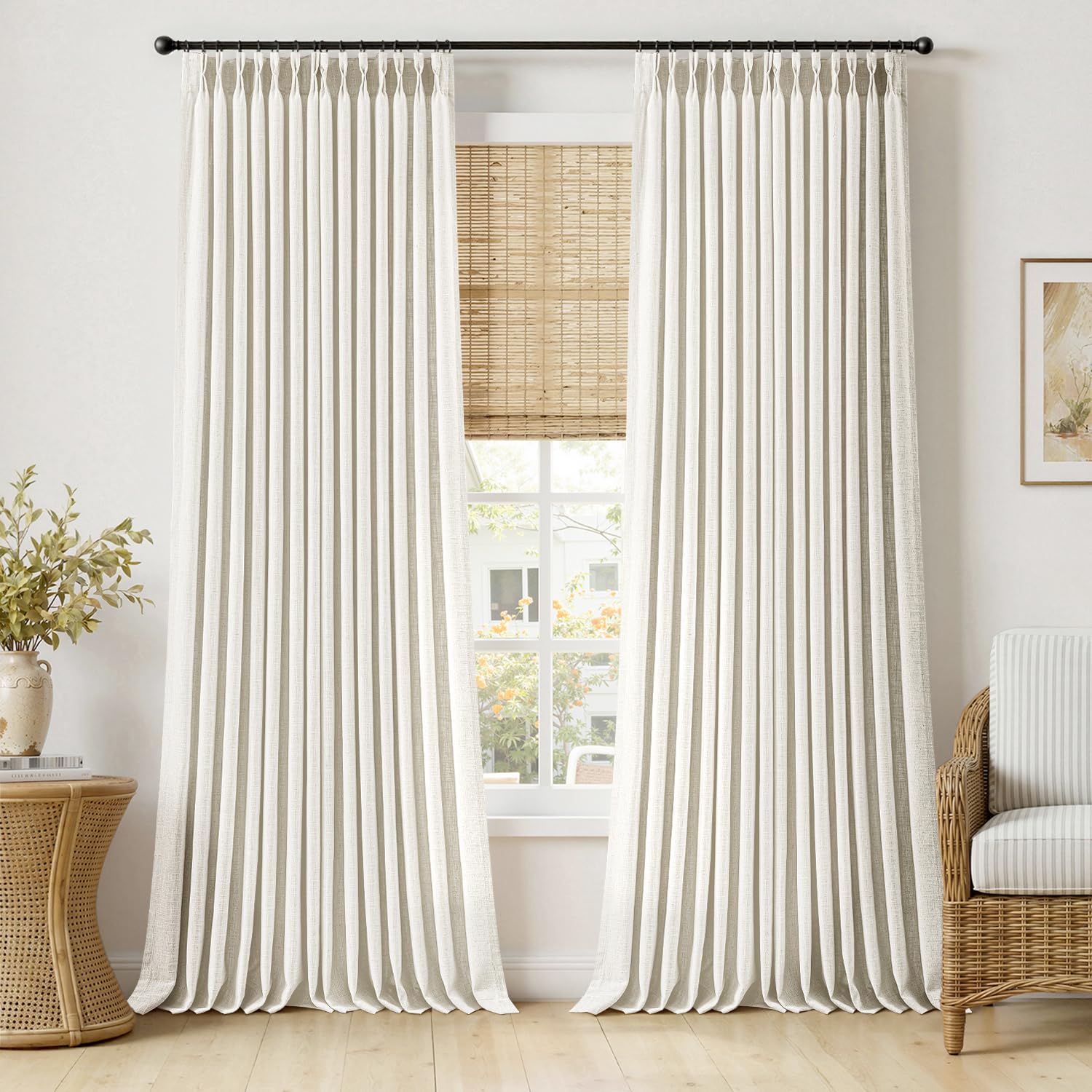 MIULEE Pinch Pleated Thick Linen Curtains 90 Inches Long 2 Panels for Living Room Bedroom, Memory Trained Pinch Pleat Drapes Back Tab Light Filtering Natural Ivory Cream Window Curtains with Hooks