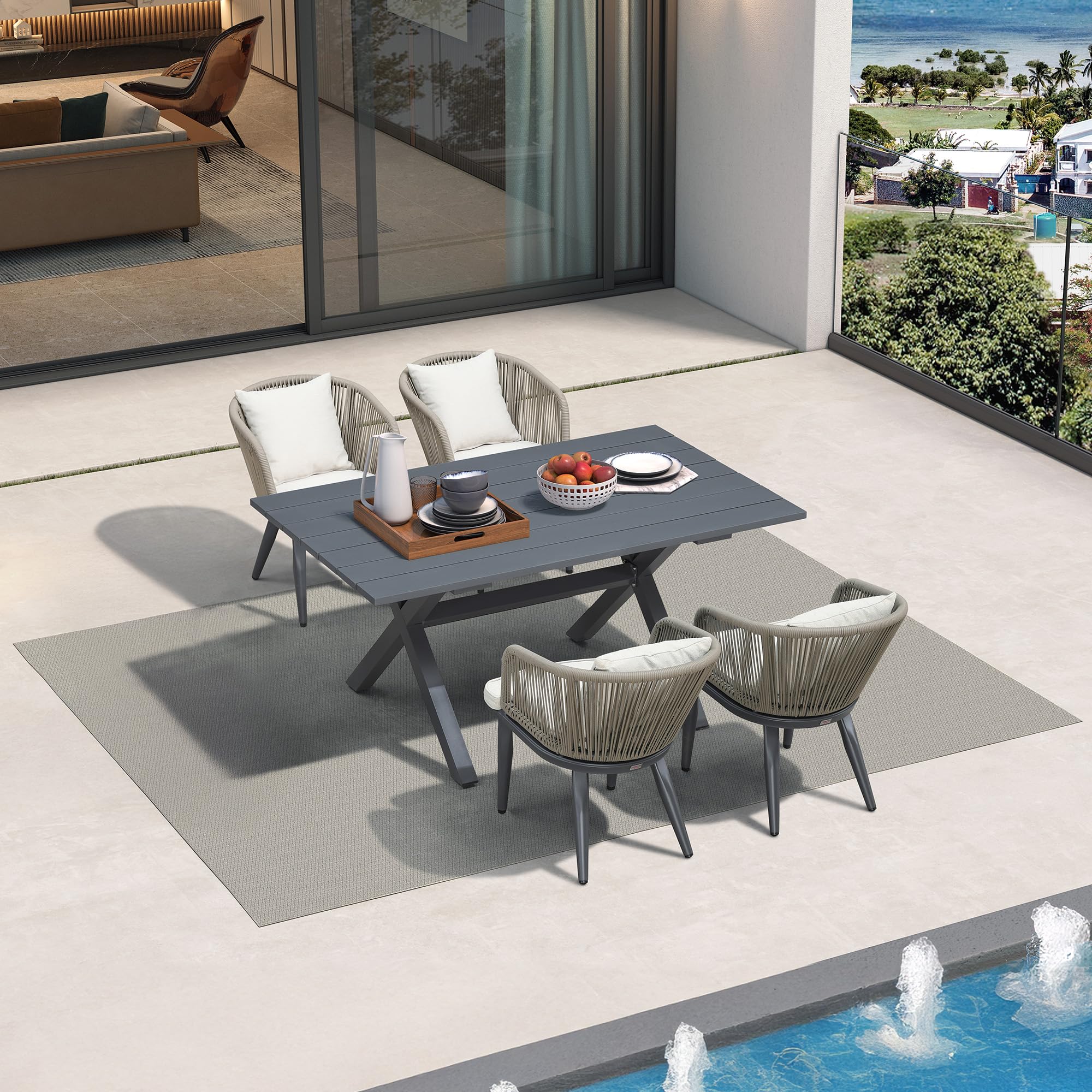 PURPLE LEAF 9 Pieces Patio Dining Set Wicker Outdoor Furniture Rectangular Table and Chairs Set for Garden Deck Teak-Finish Aluminum Frame Backyard Kitchen Set, Cushions and Pillows Included