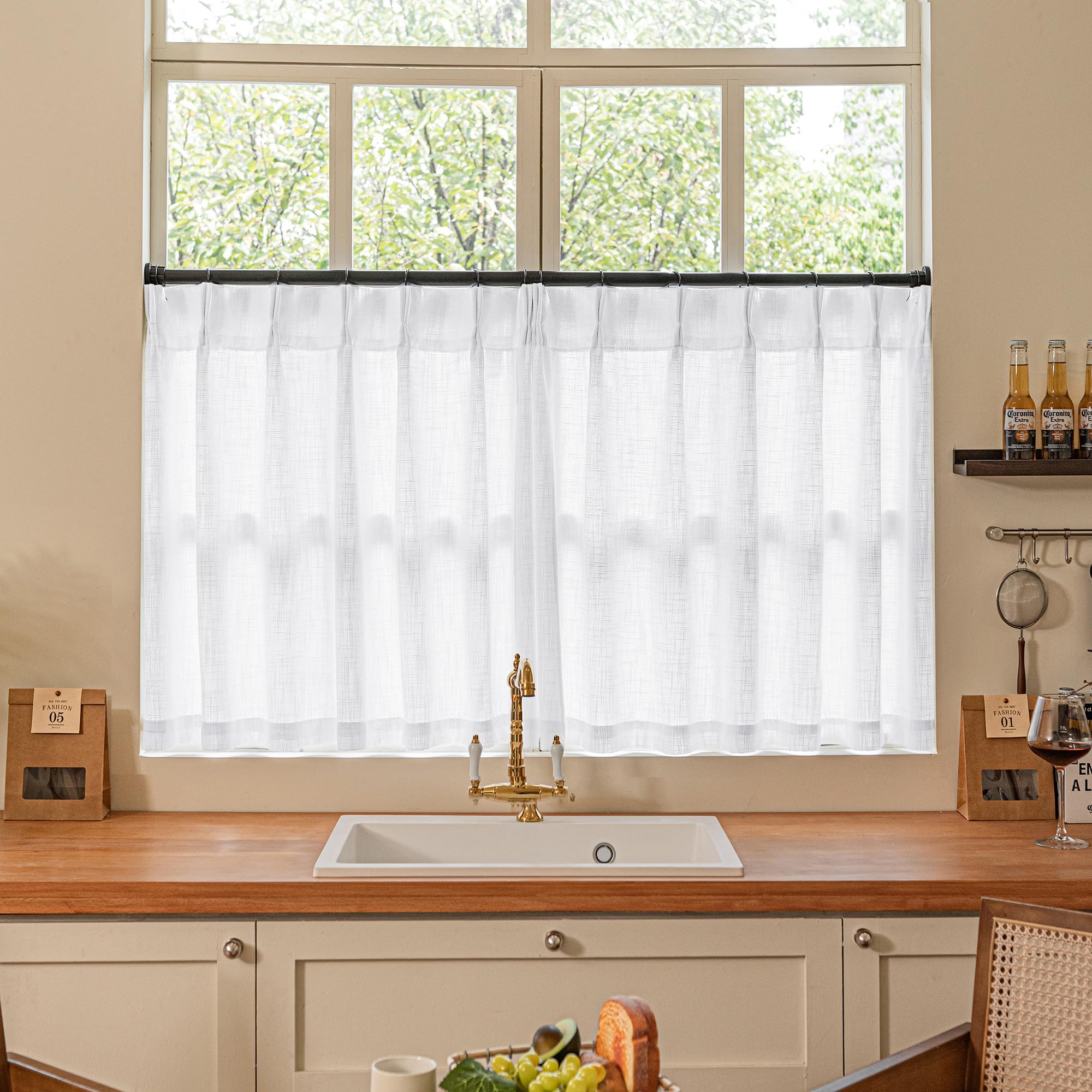 Pinch Pleated Linen Curtains 108 Inches Long for Living Room 2 Panels Set Cream Ivory Flax Double Pleated Drapes Back Tab Neutral Boho Ceiling Floor 108 Inch Window Curtains Bedroom Natural Birch