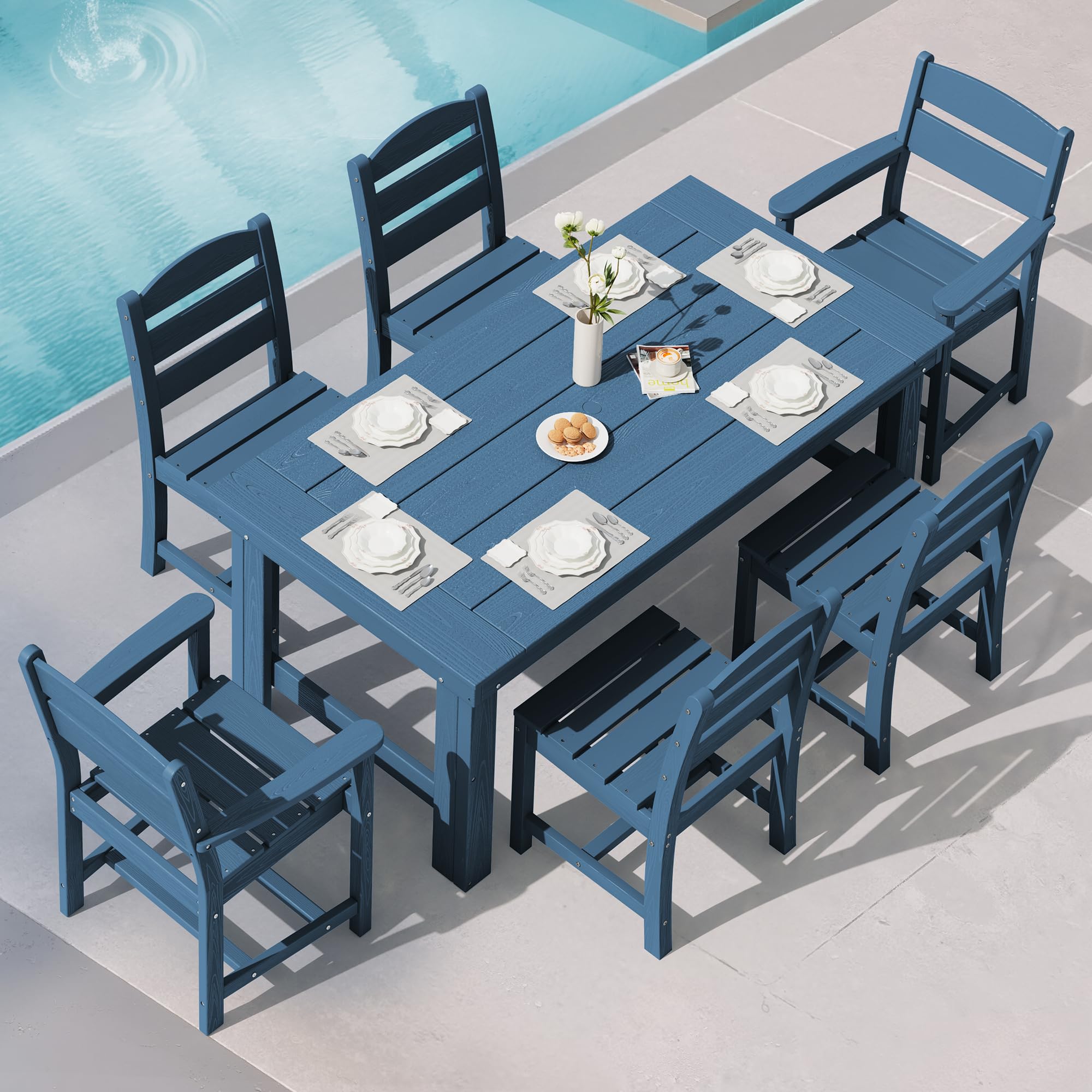 SERWALL Outdoor Dining Set for 4, HDPE Square Table and Chairs Set All Weather Patio Dining Set with 4 Classic Dining Chairs, 5-Piece Patio Dining Furniture for Deck, Brown
