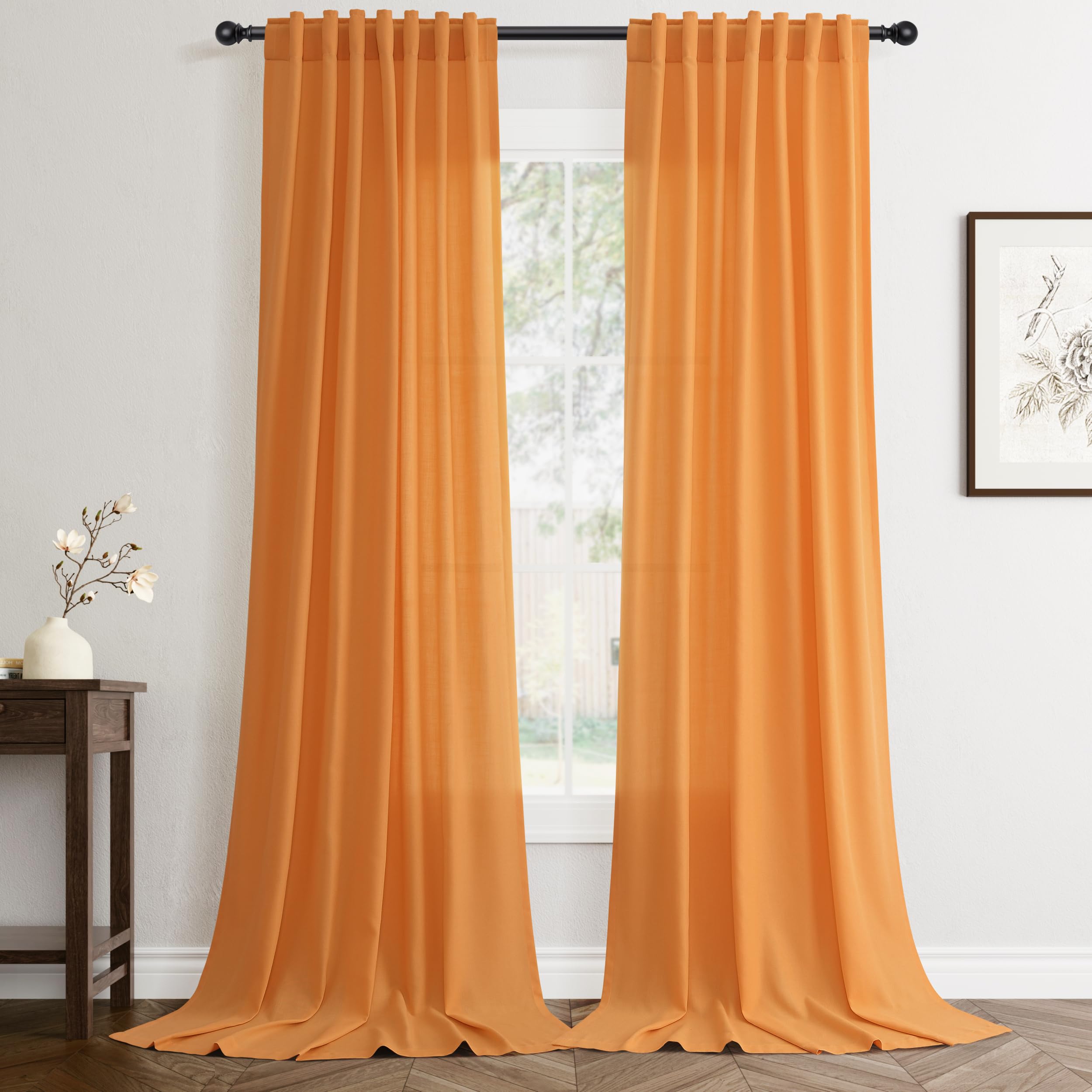 Flax Linen Beige Curtains 96 inches Long 2 Panel for Living Room Back Tab Pocket Drapes Semi Sheer Privacy Khaki Window Curtain Country Rustic Farmhouse Cloth Curtain for Dinning Room Tan